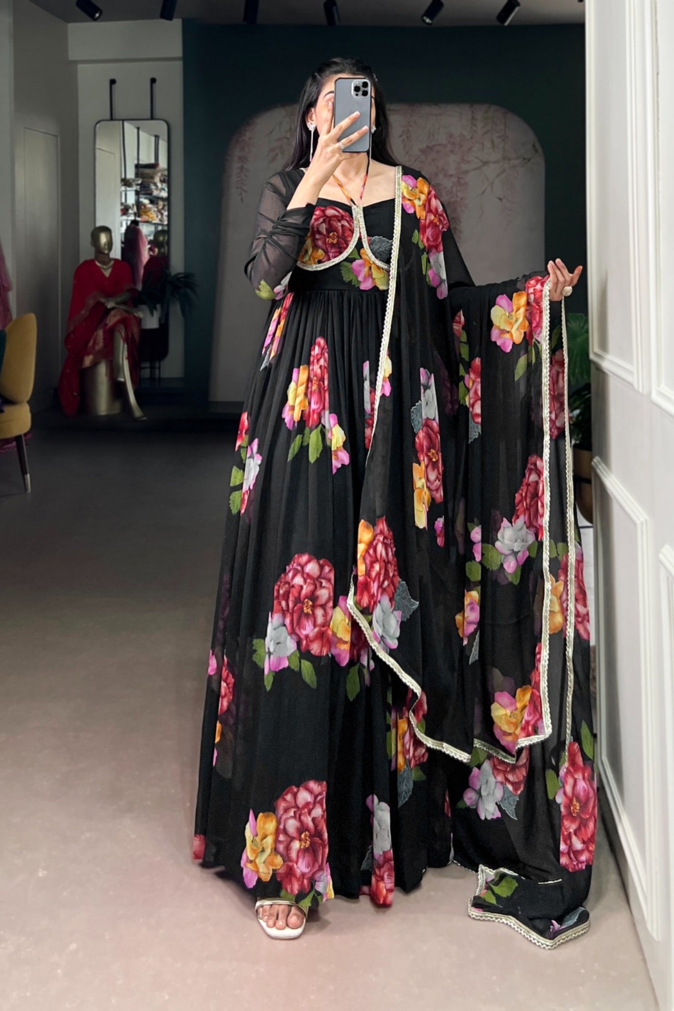 Premium Chiffon Floral Print Gown With Lace Detailing And Matching Dupatta