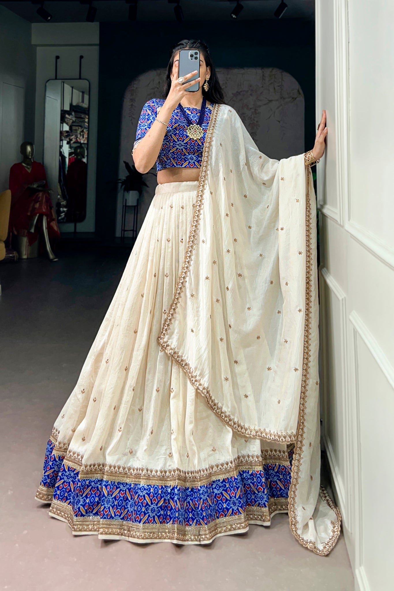 Designer Ivory And Royal Blue Embroidered Lehenga Choli For Women