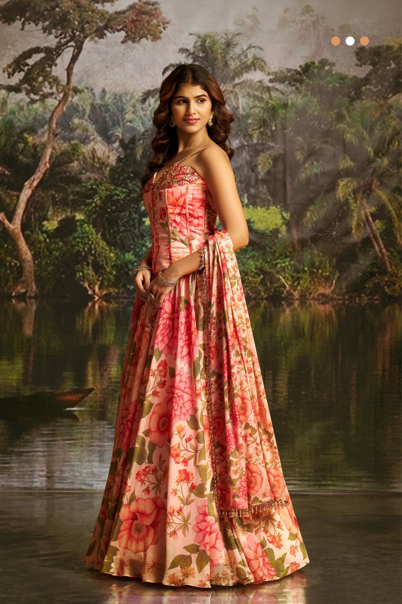 Peach Handwork Designer Corset Lehenga Set With Floral Prints