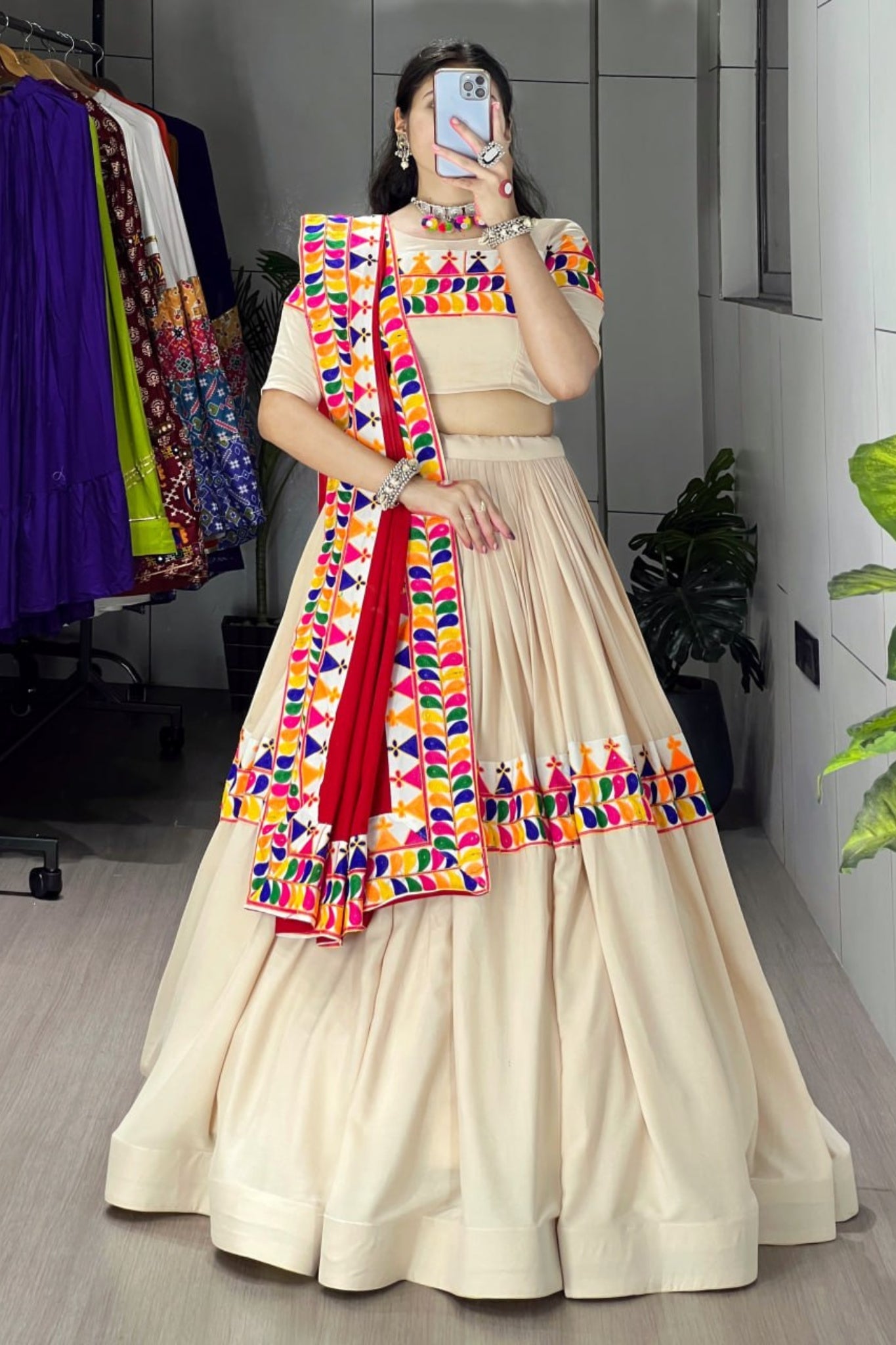 Designer Cream Navratri Lehenga Choli With Multicolor Gamthi Work And Red Rayon Cotton Dupatta