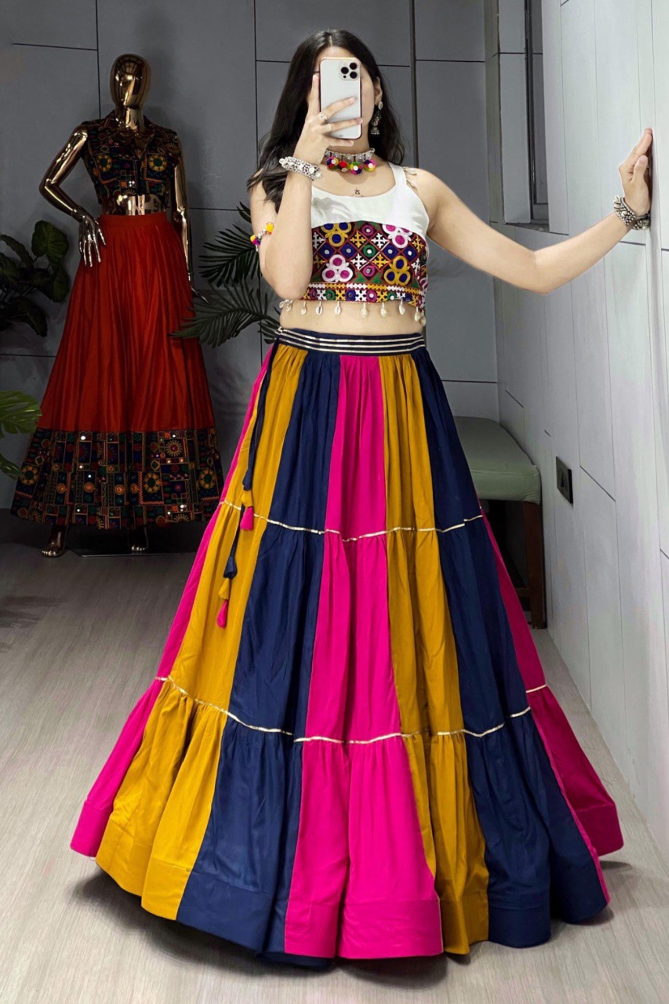 Navratri Special Multicolor Real Mirror Work With Pure Kutchhi Embroidery Lehenga Choli For Women