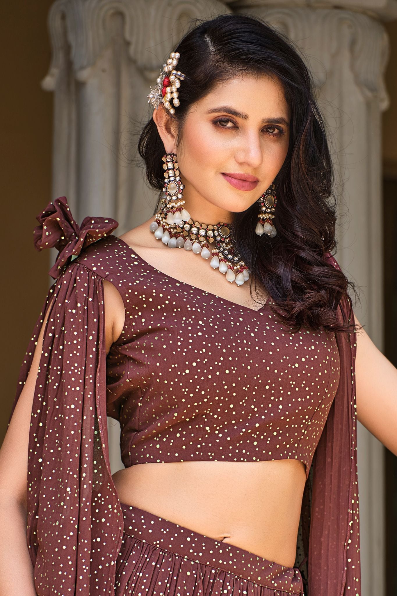 Brown Designer Metallic Foil Work Party Wear Lehenga Choli