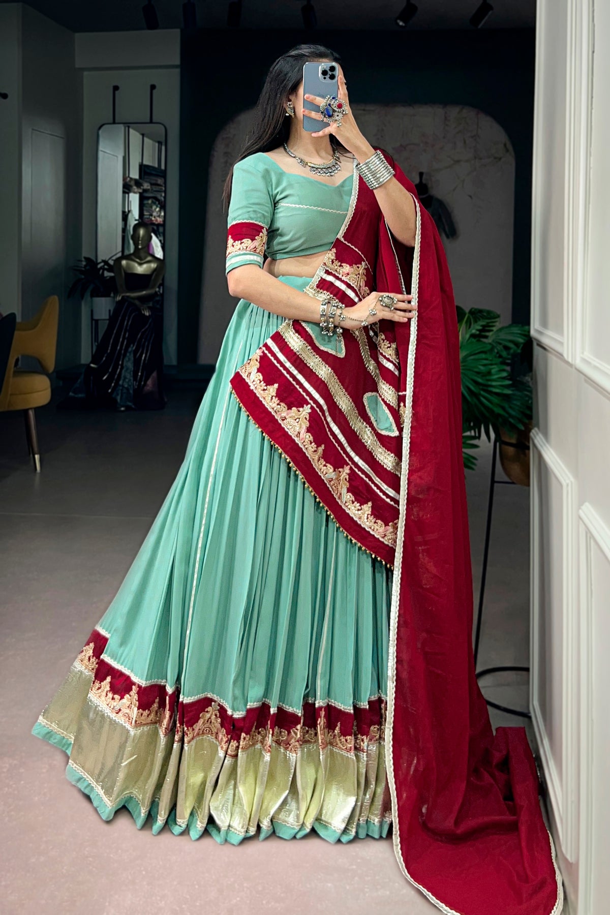 Sea Green Pure Rayon Navratri Special Designer Lehenga Choli With Maroon Embroidered Dupatta