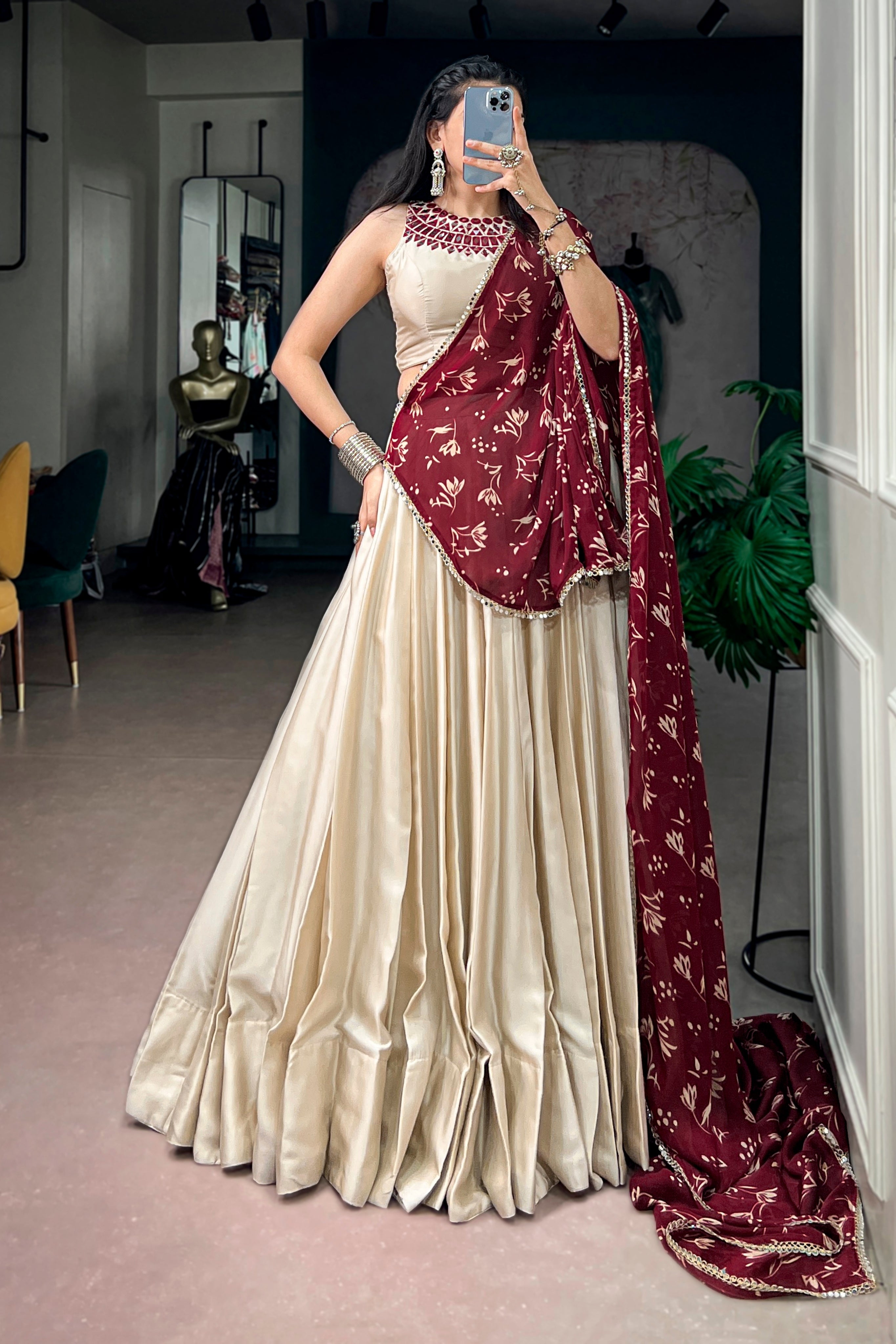 Navratri Special Lehenga Choli With Real Mirror Work Blouse & Maroon Beautiful Printed Dupatta