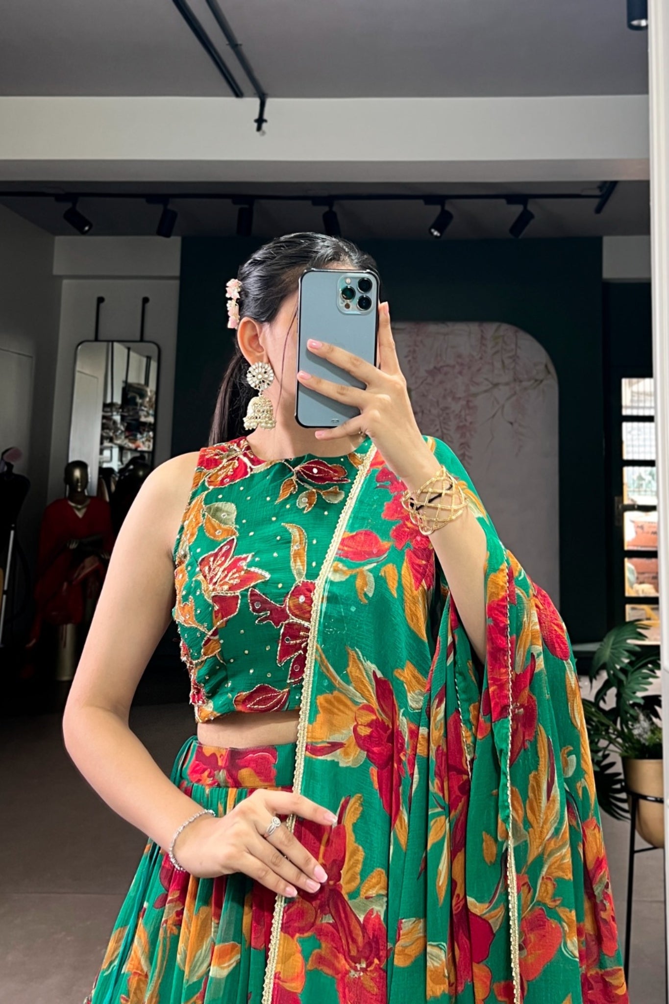 Floral Marble Print Lehenga Choli Set For Women