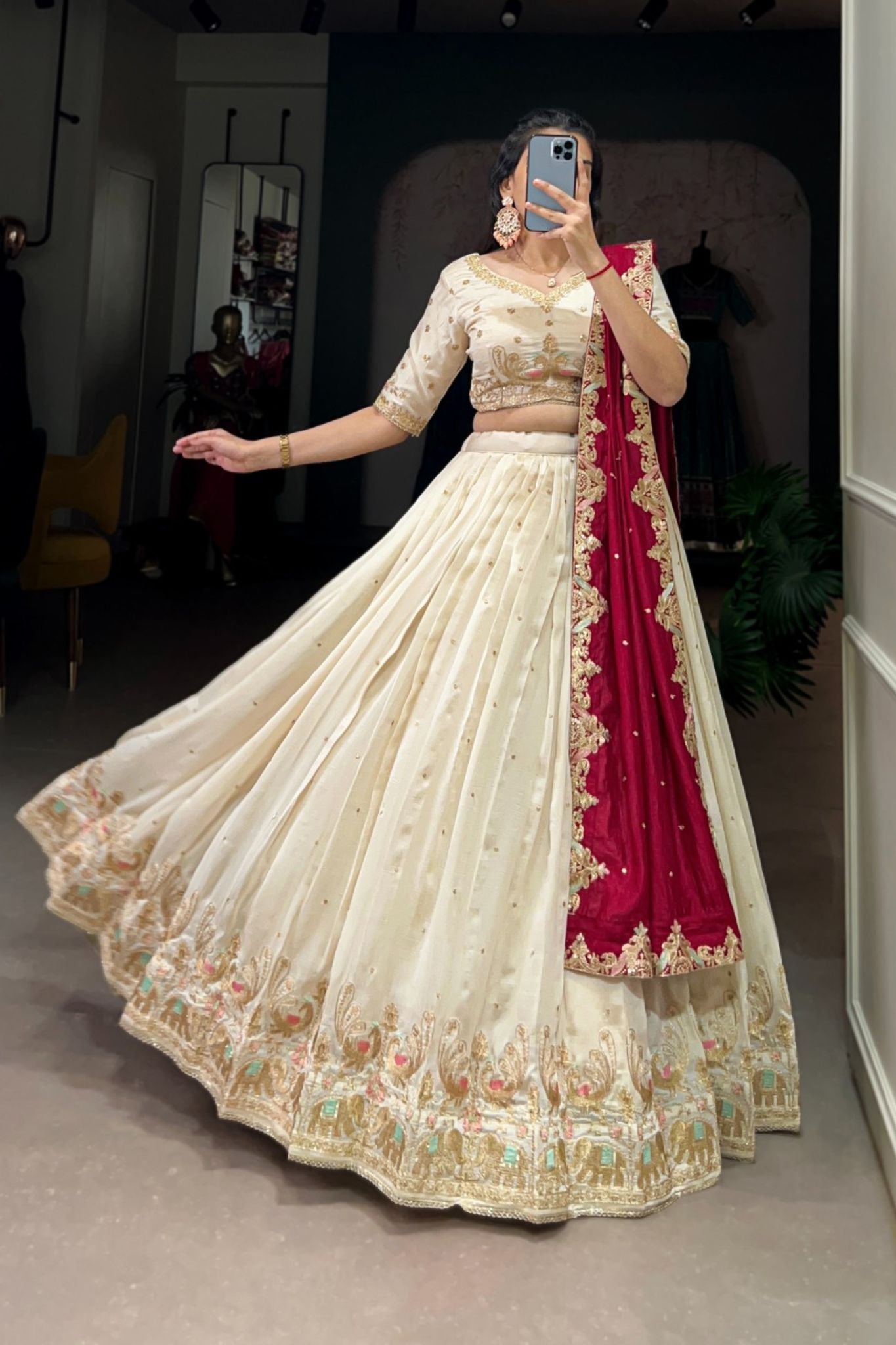 Sequins Thread Embroidery Work Off White Wedding Lehenga Choli