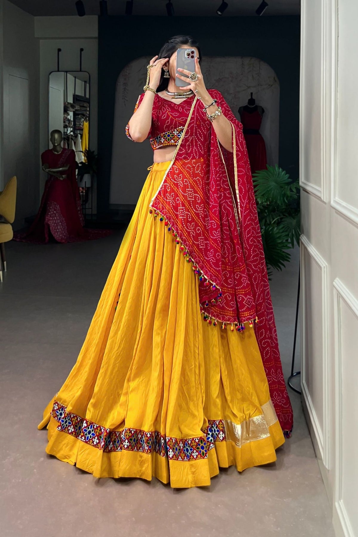 Chanderi Designer Bandhej Print With Gamthi Work Navratri Lehenga Choli