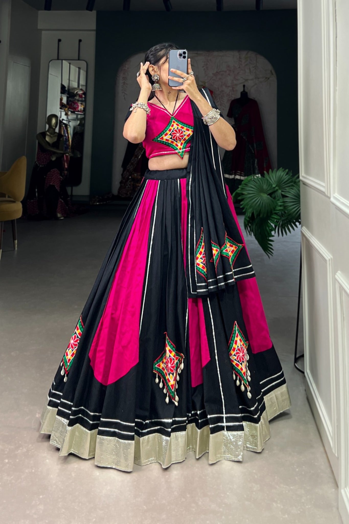 Pink And Black Pure Cotton Gamthi Work Chaniya Choli For Navratri