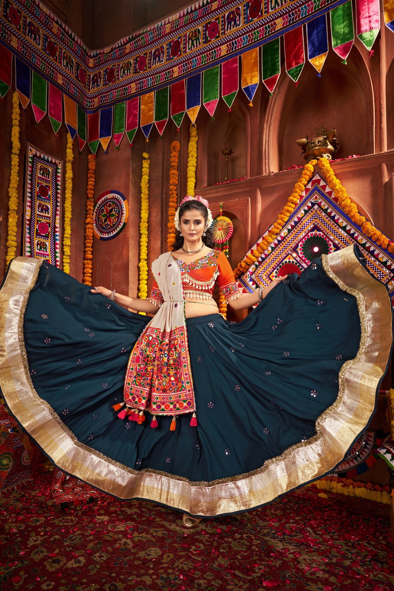 Teal Blue Designer Festive Lehenga Choli In Viscose Cotton And Perfect For Dandiya Nights