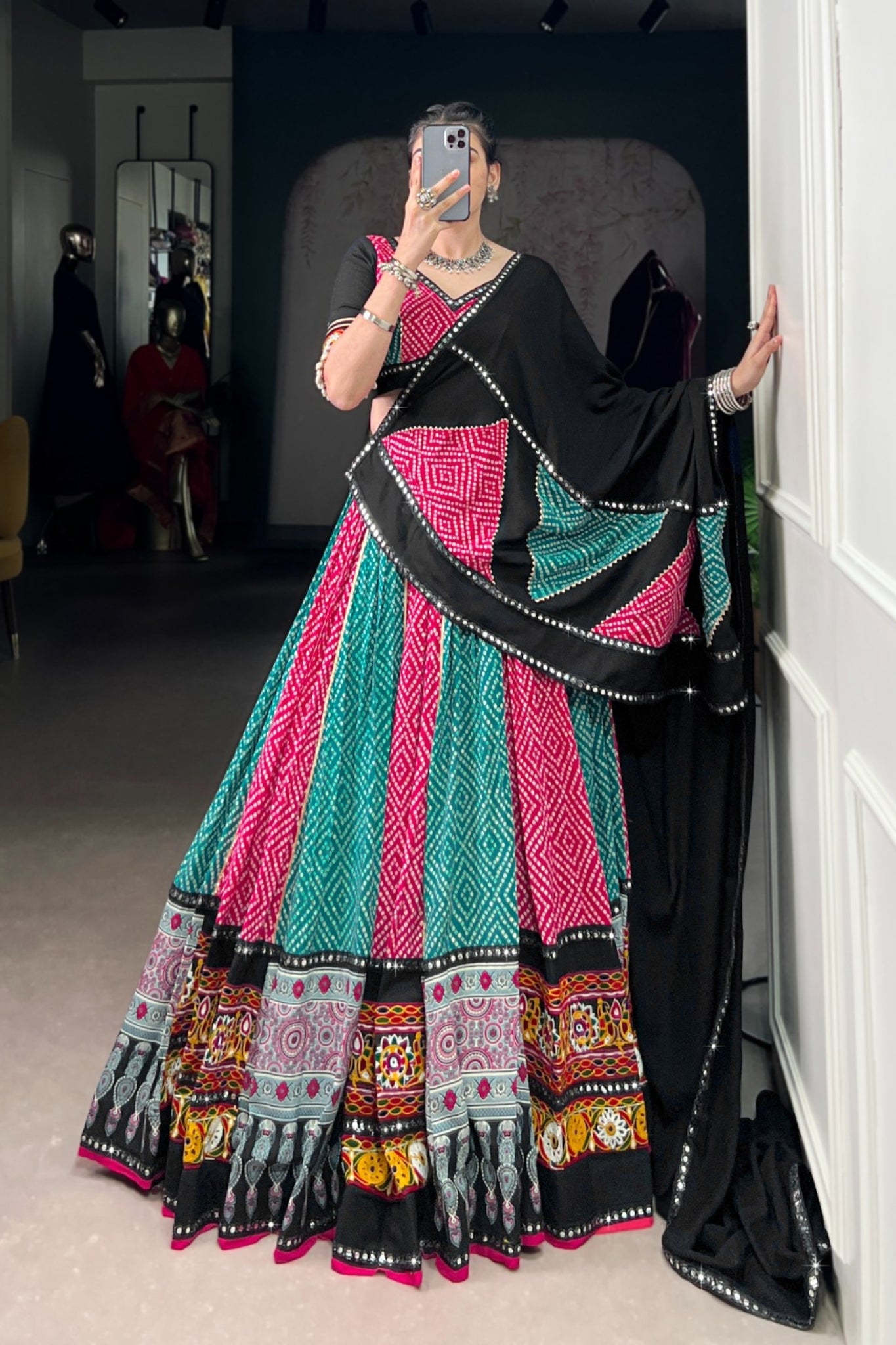 Navratri Special Pure Rayon Lehenga Choli With Ajrakh Print, Gamthi & Gota Patti Work