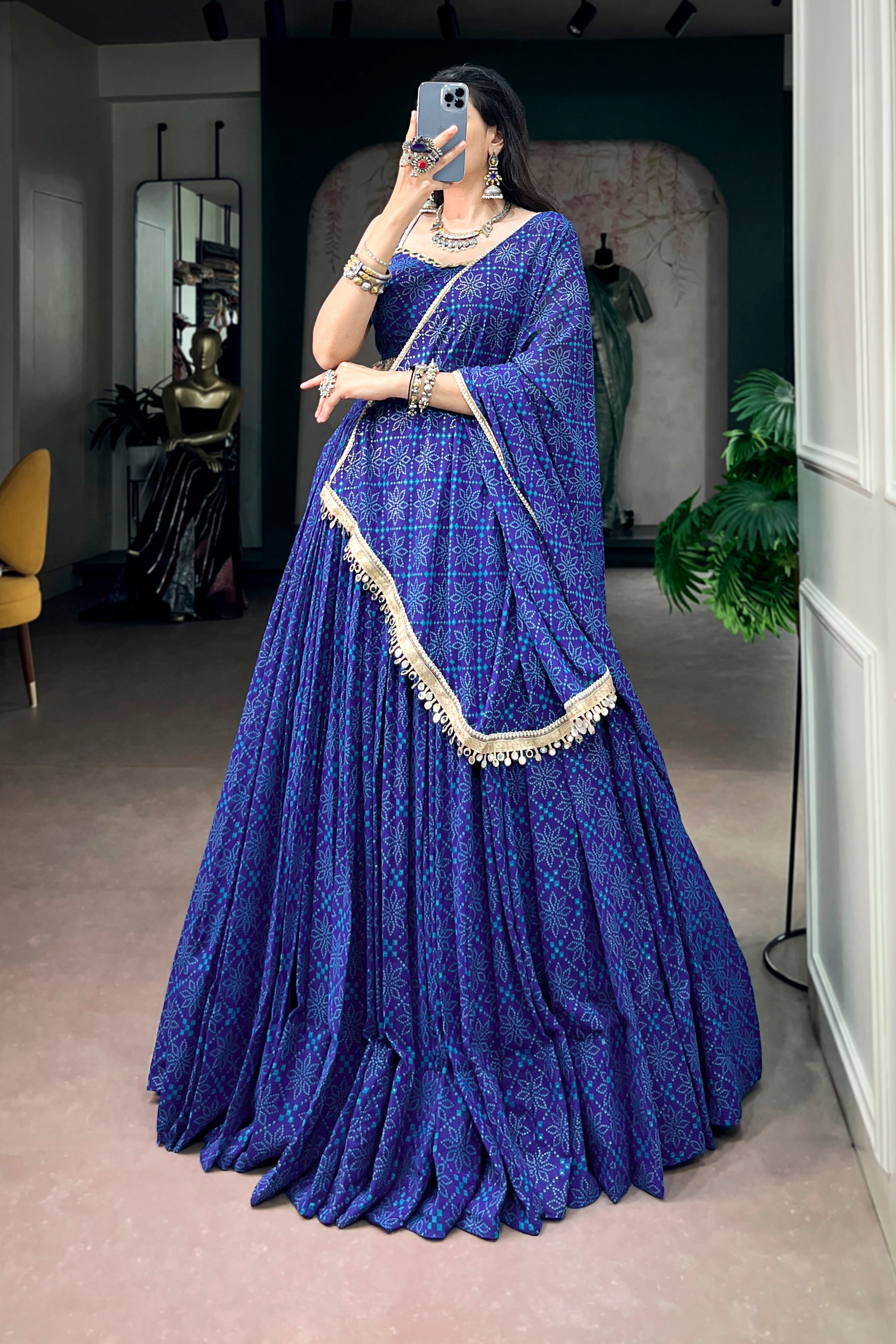 Royal Blue Navratri Special Georgette Bandhej Foil Print Lehenga Choli With Mirror Lace Border