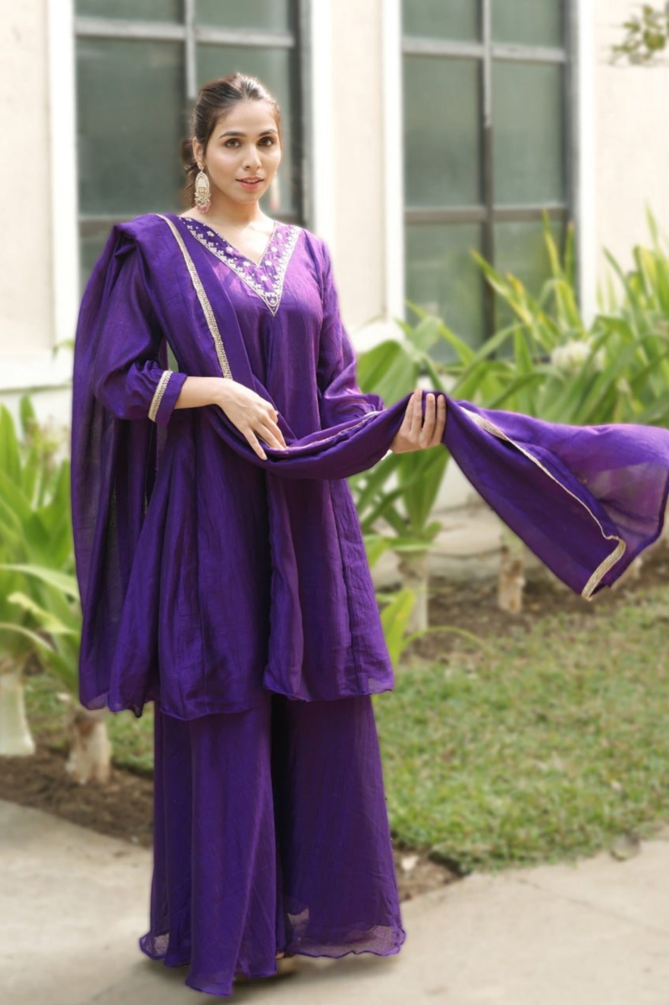 Royal V-Neck Embroidered Palazzo Suit Set With Designer Dupatta For Festive And Wedding Wear