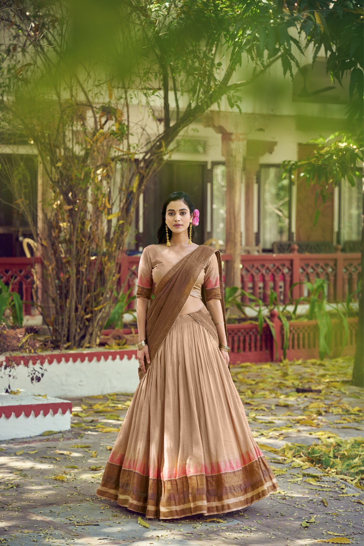 Designer South Indian Lehenga Choli With Zari Woven Border & Gota Patti Dupatta