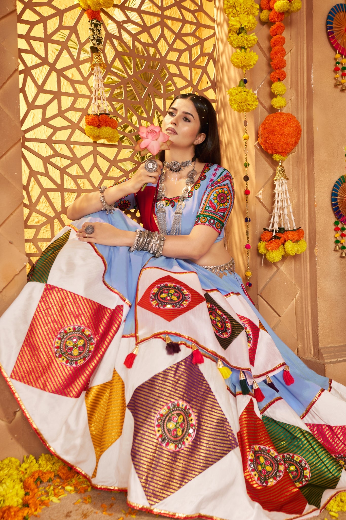 Light Blue Stunning Navratri Designer Viscose Cotton Lehenga Choli
