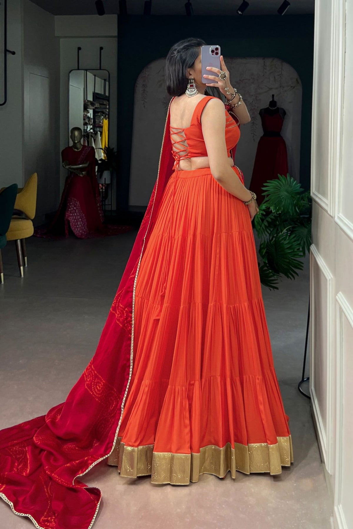 Orange Rayon Navratri Lehenga Choli With Chiffon Dupatta