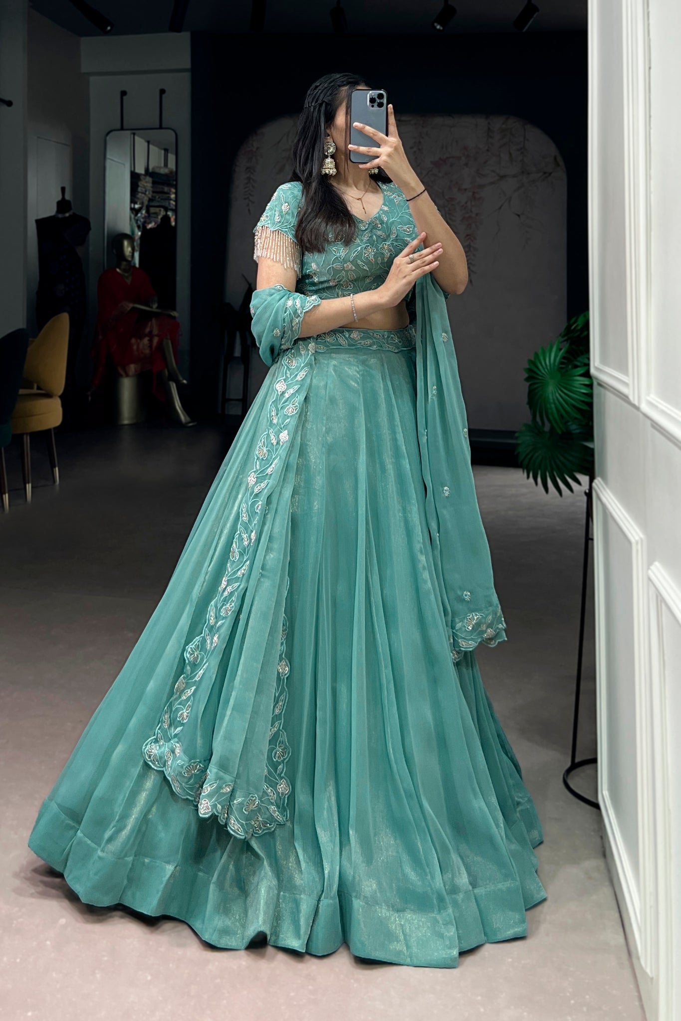Premium Sea Green Beads With Thread Embroidered Work Lehenga Choli