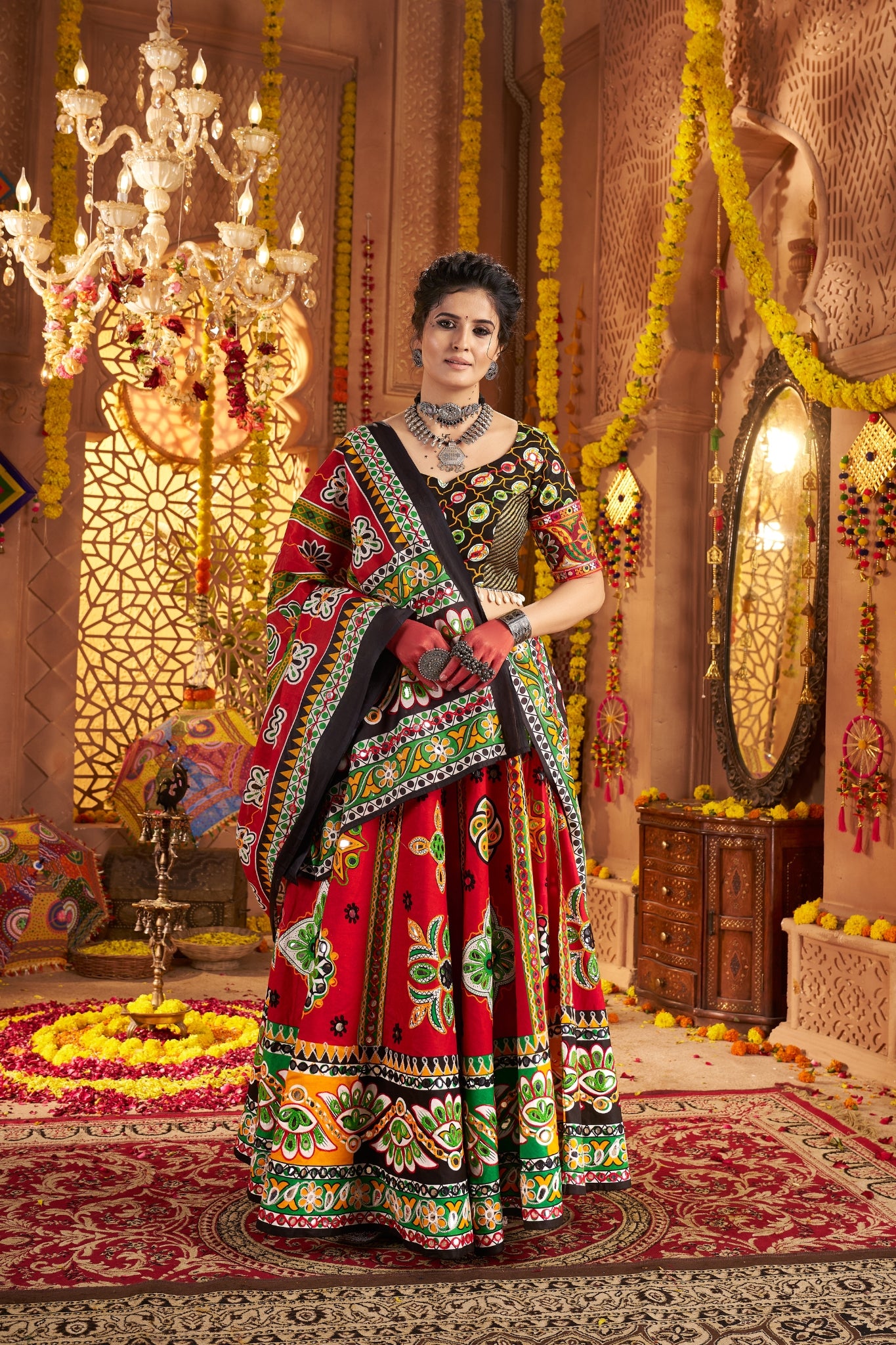 Maroon Organic Cotton Designer Navratri Lehenga Choli Set