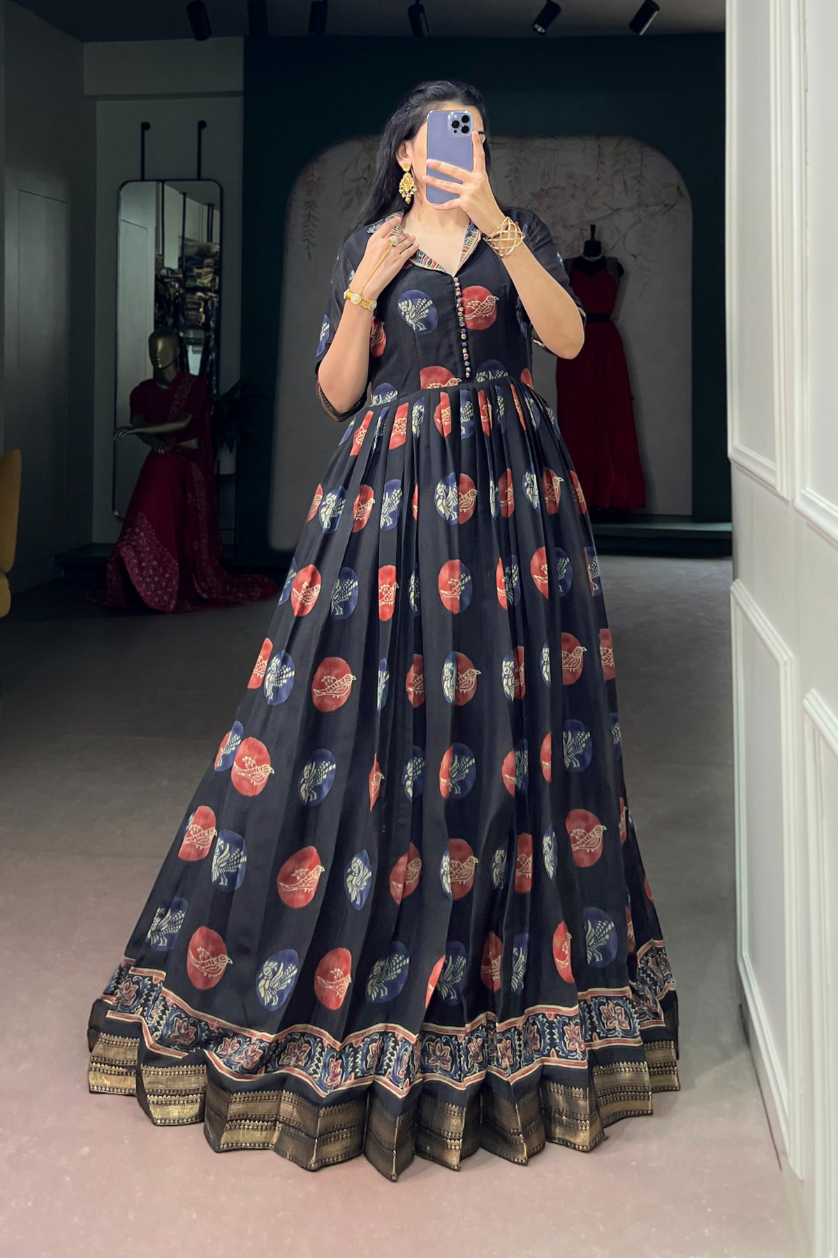 Designer Chanderi Printed Gown For Festive Wear