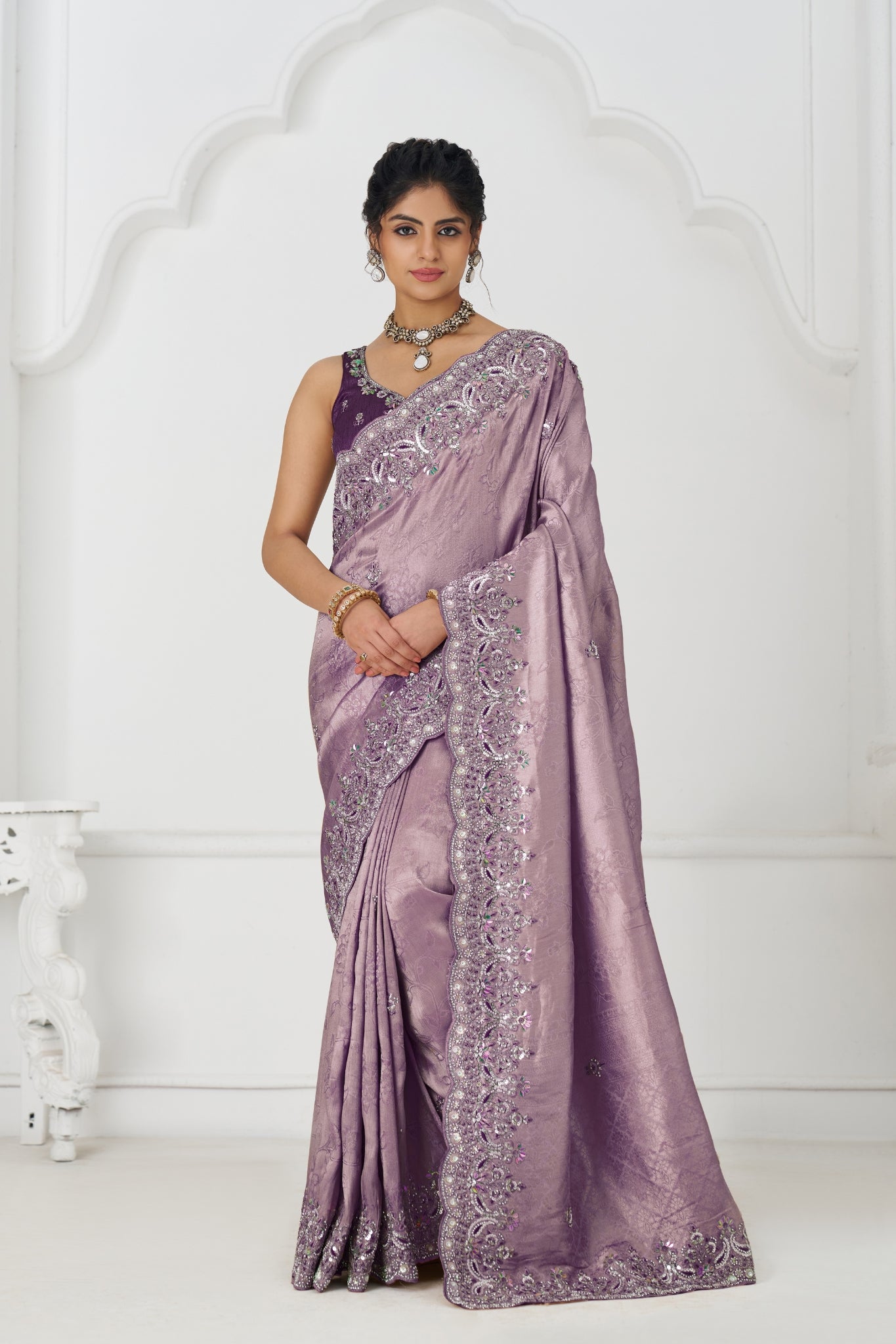 Mauve Dola Viscose Silk Saree For Wedding With Beads Embroidery & Sequins Work