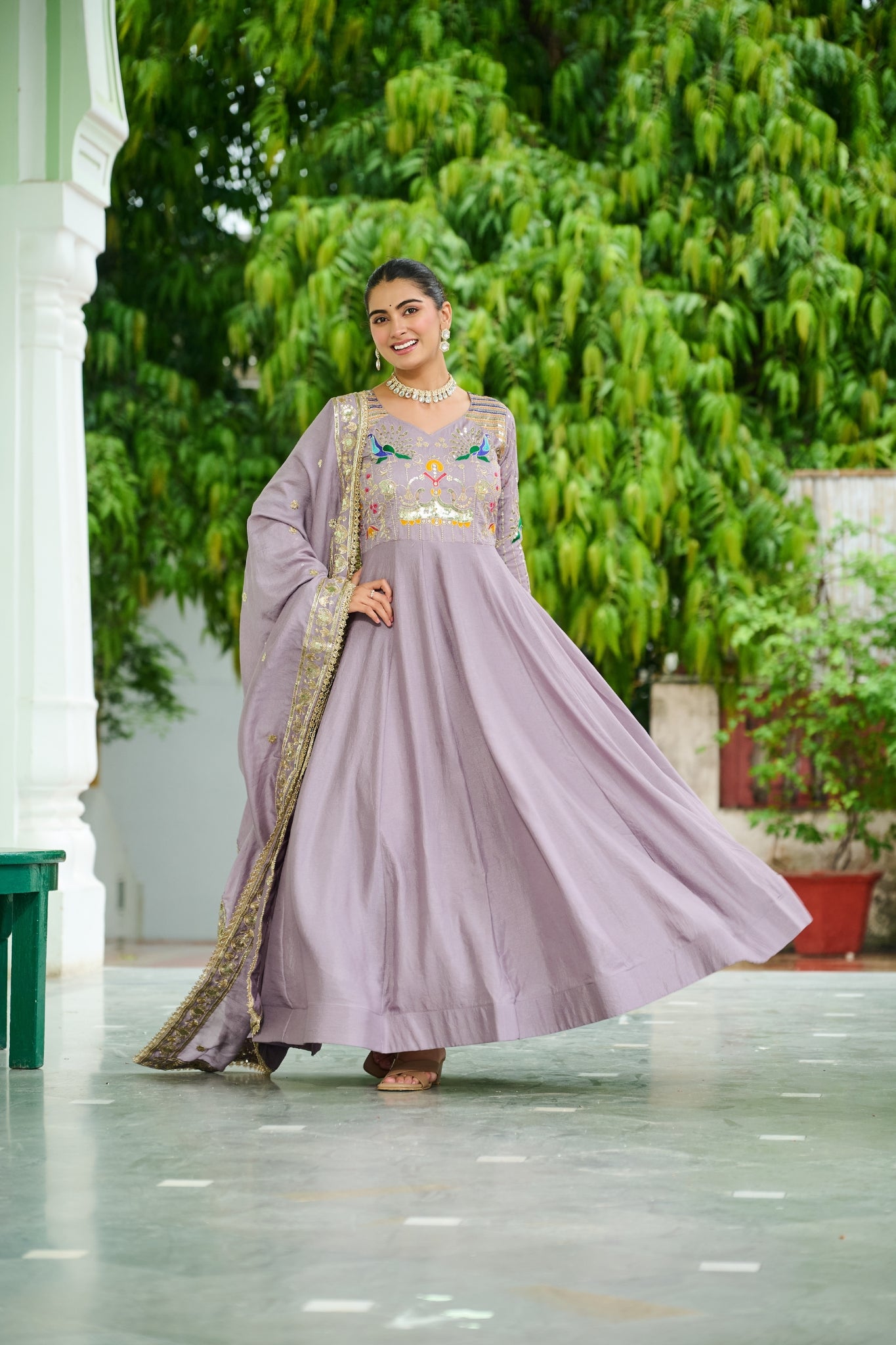 Premium Vichitra Silk Embroidered Gown With Sequins And Zari Work