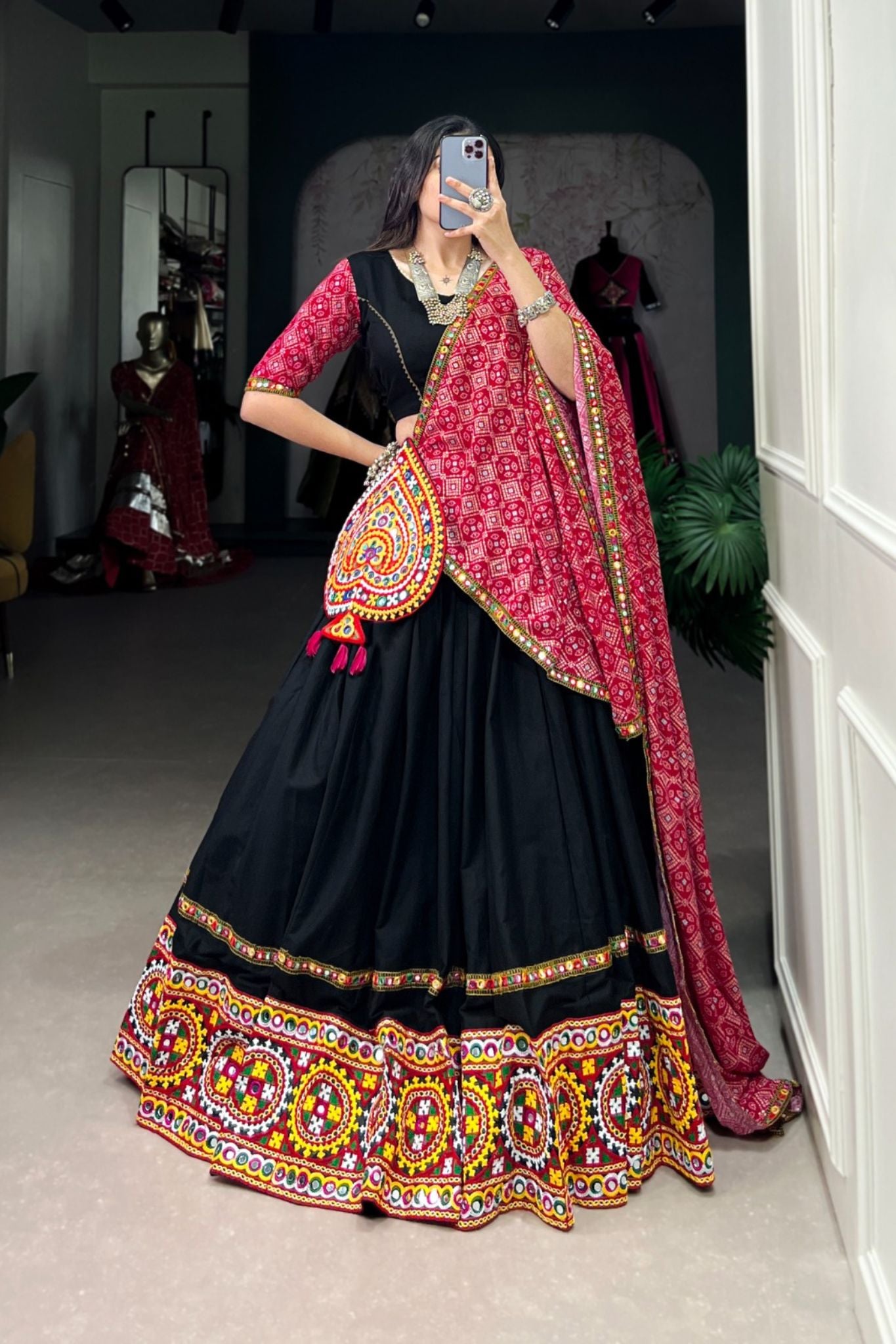 Black Pure Cotton Original Mirror Gamthi Work Navratri Lehenga Choli