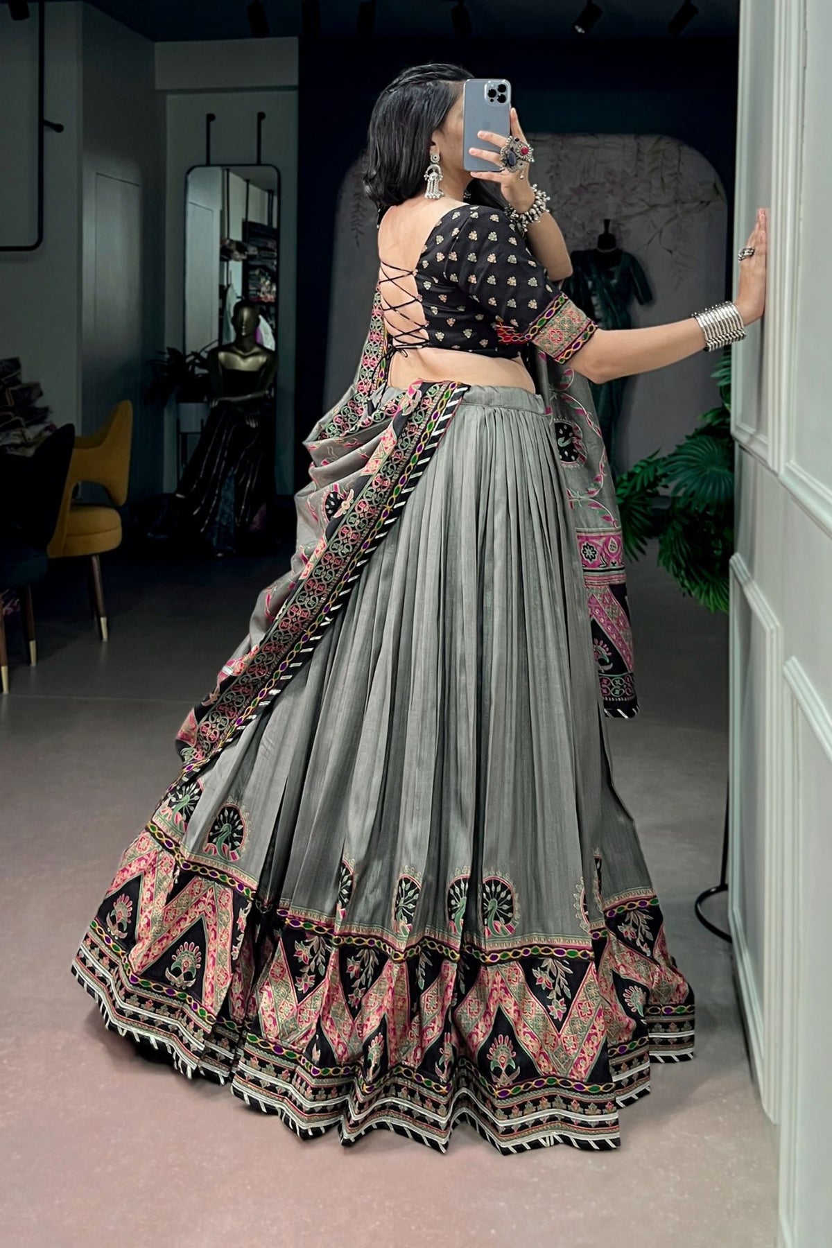 Tasar Silk Gamthi Work Designer Navratri Lehenga Choli