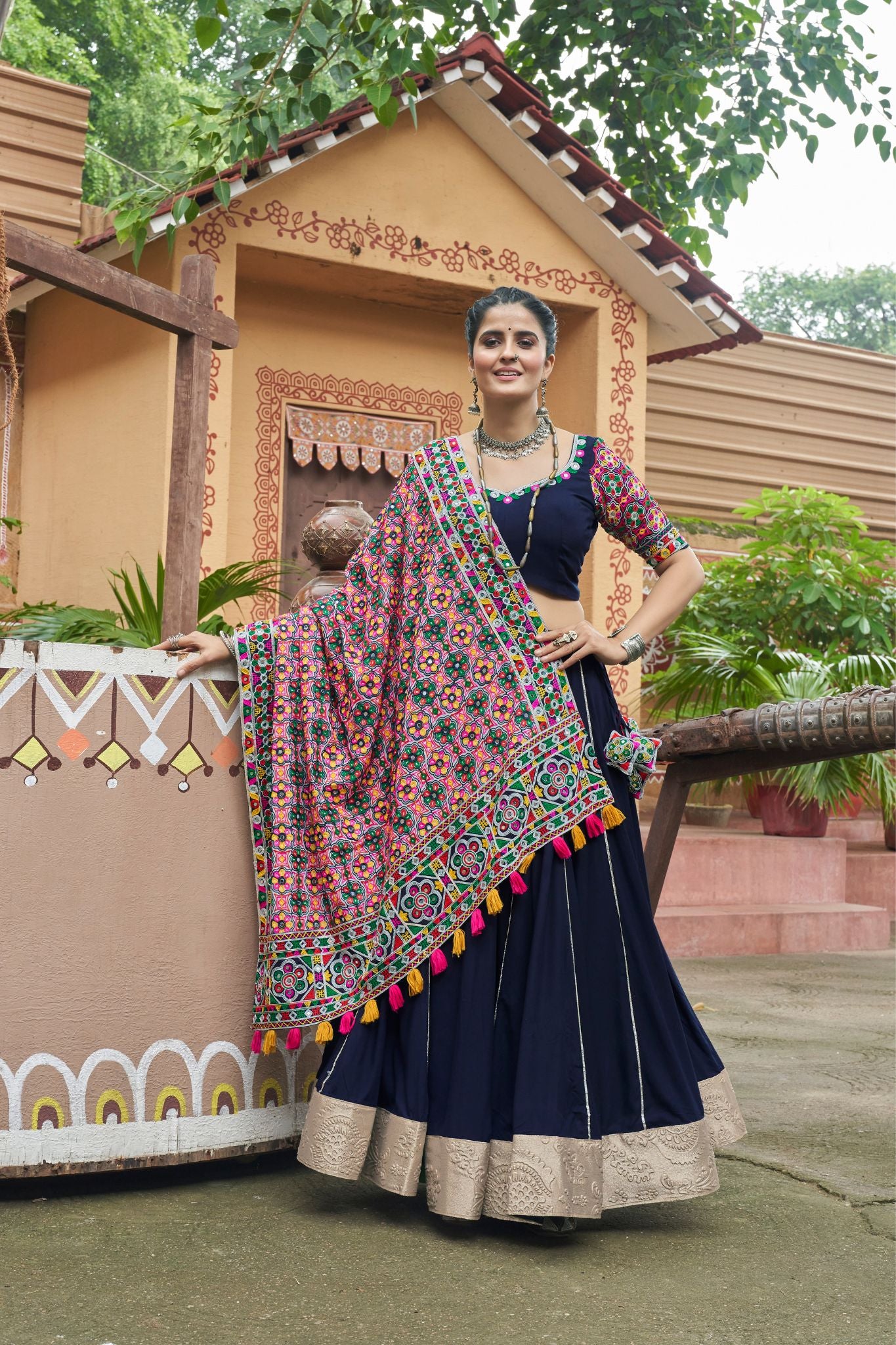 Navy Blue Viscose Rayon Embroidery With Mirror Work Navratri Chaniya Choli