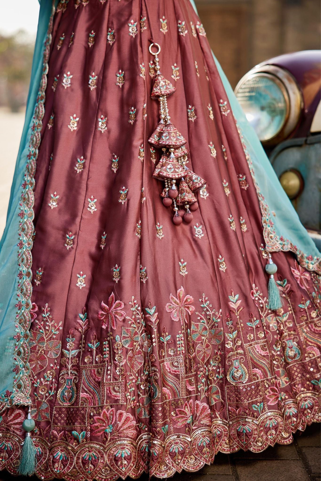 Dusty Rose Rangoli Silk Designer Lehenga Choli With Aqua Blue Embroidered Dupatta