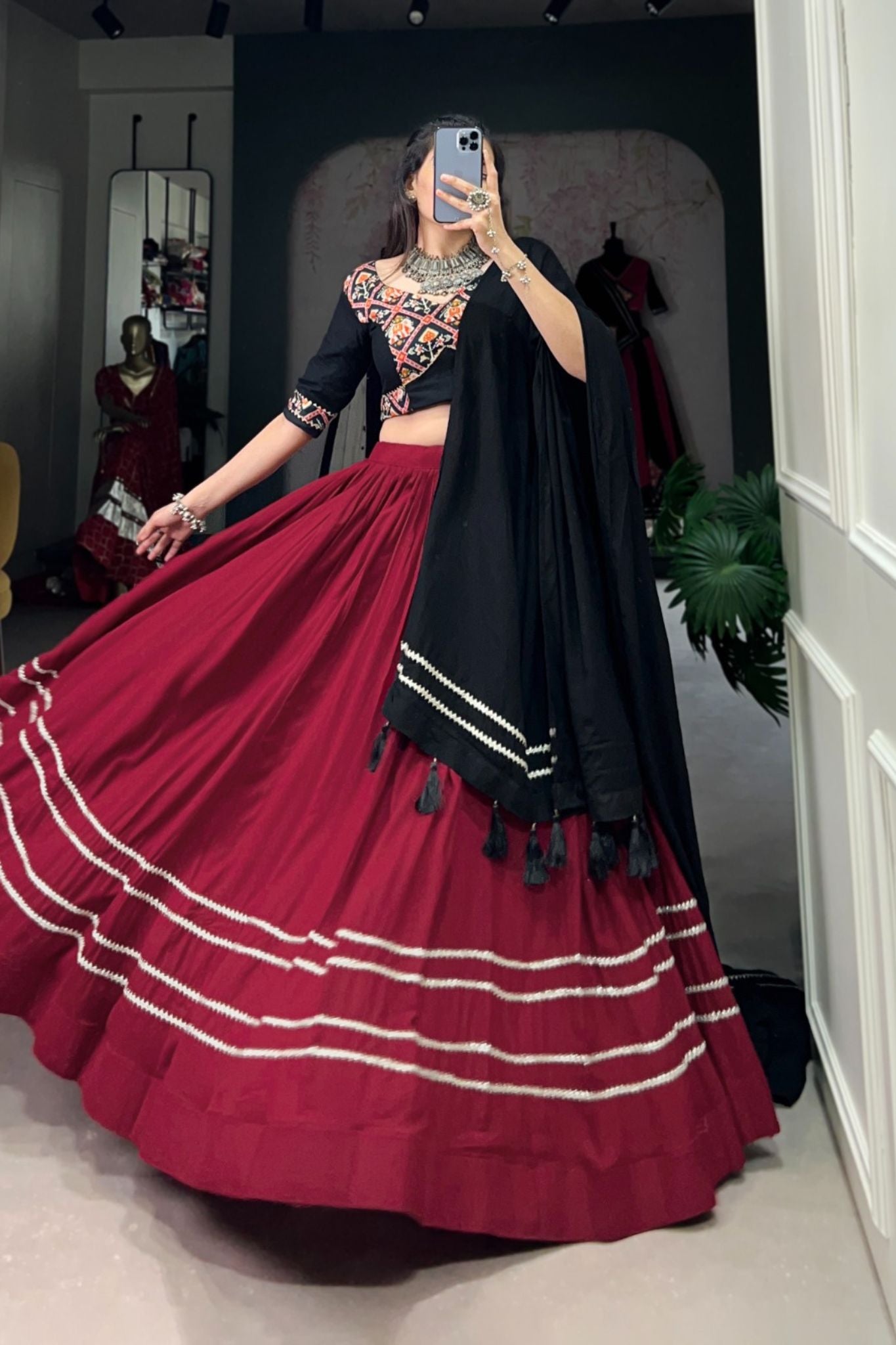 Maroon Plain With Patola Print Pure Rayon Navratri Lehenga Choli