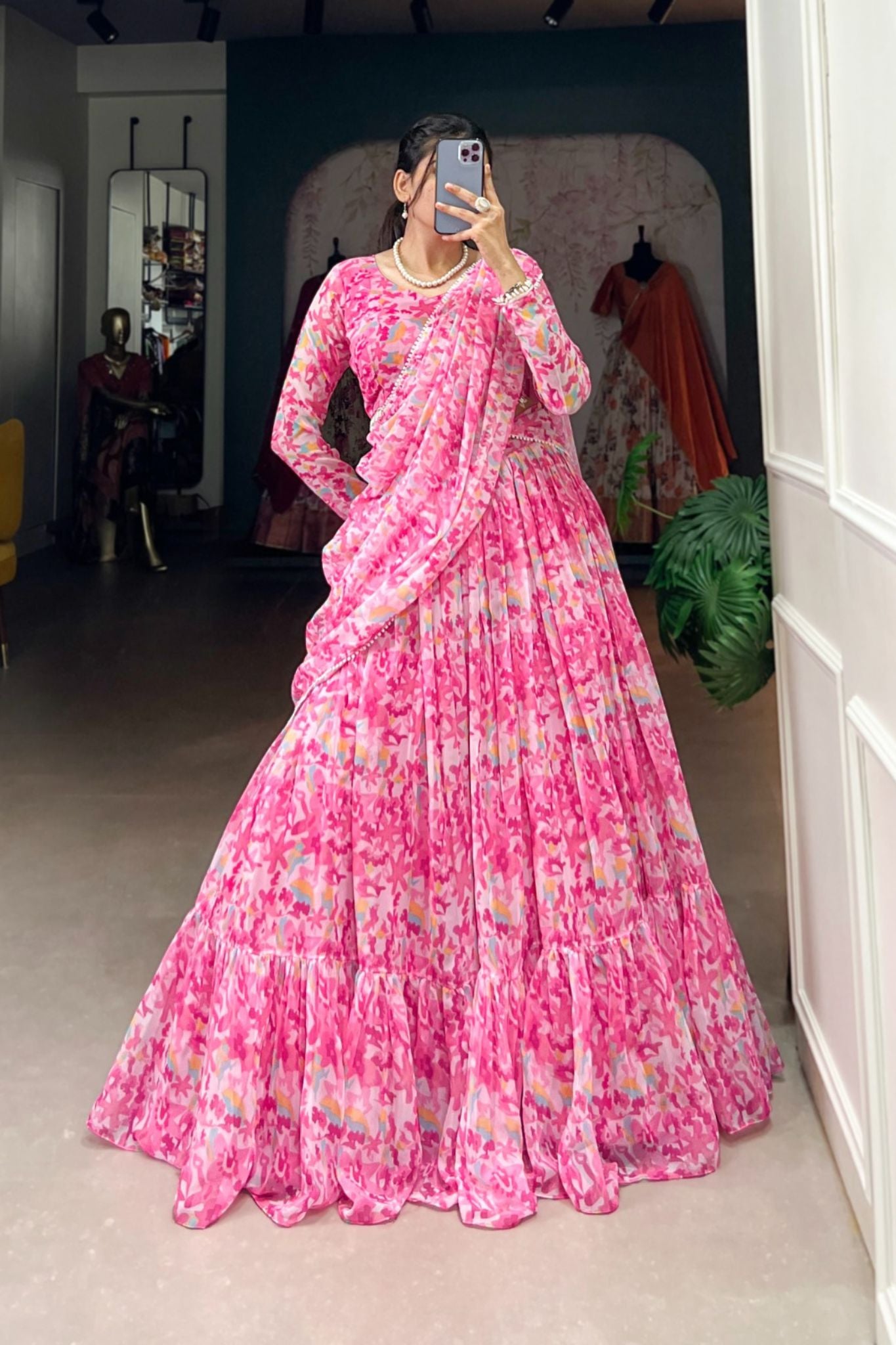 Pink Floral Printed Georgette Tiered Tradition Style Lehenga Choli