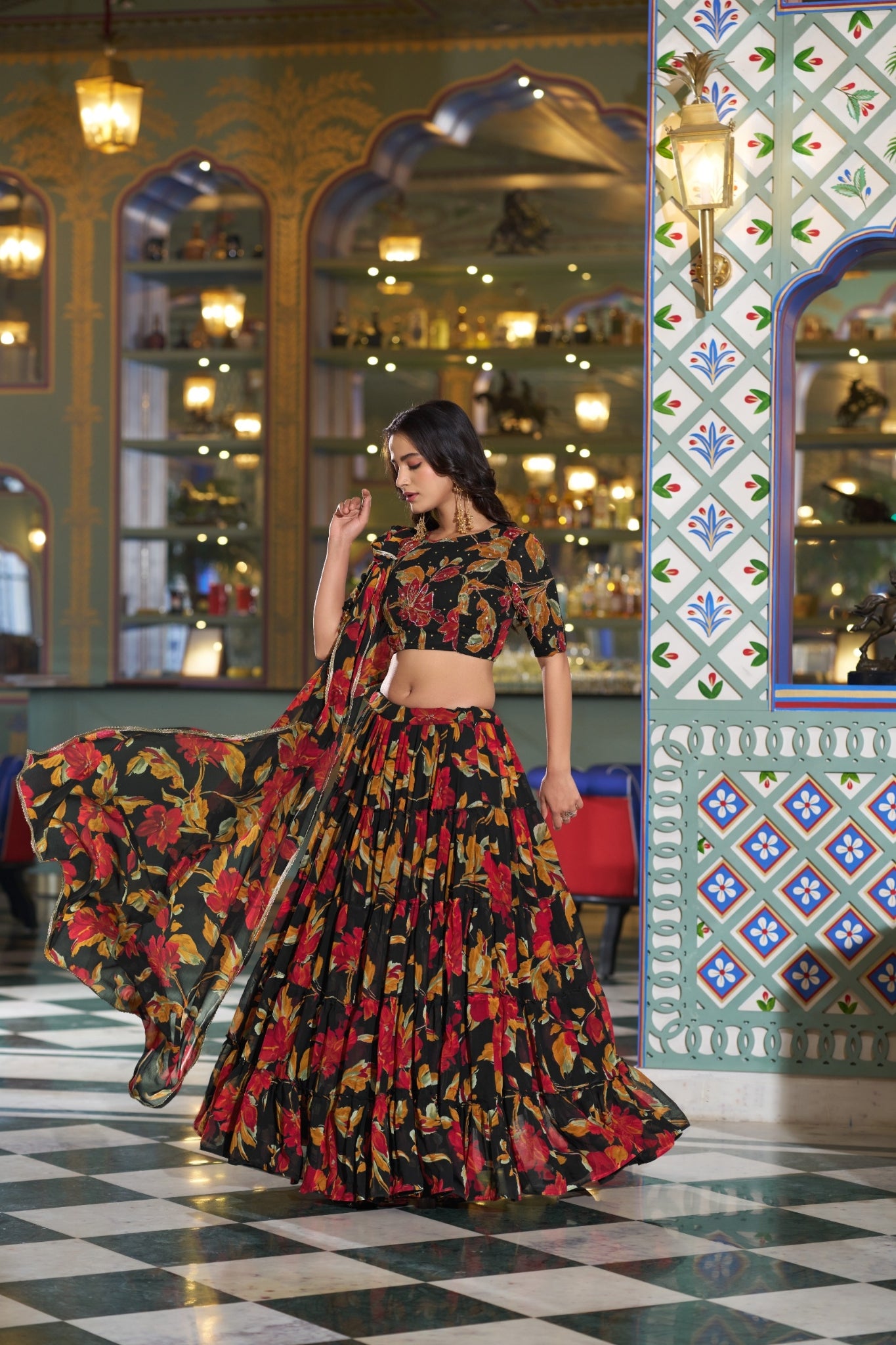 Floral Marble Print Lehenga Choli Set For Women