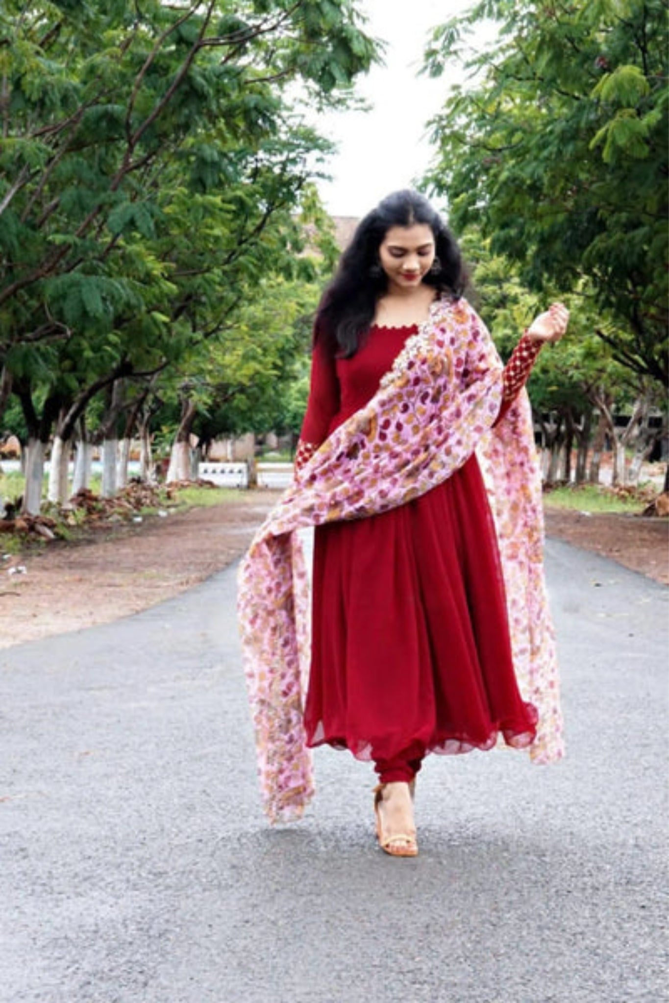 Maroon Georgette Plain Anarkali Suit With Dupatta
