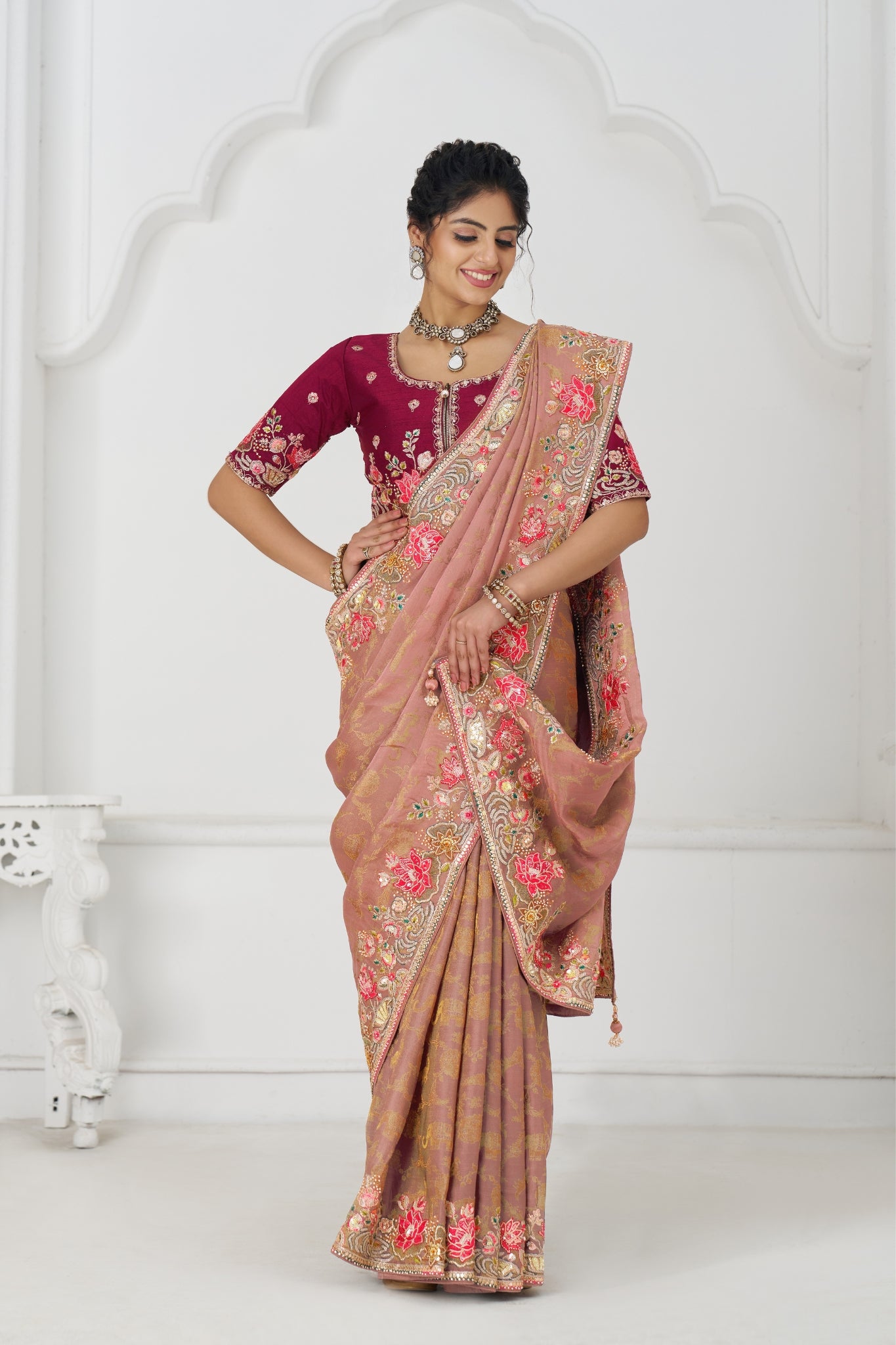 Stunning Peach Pure Dola Viscose Silk Stylish Wedding Saree