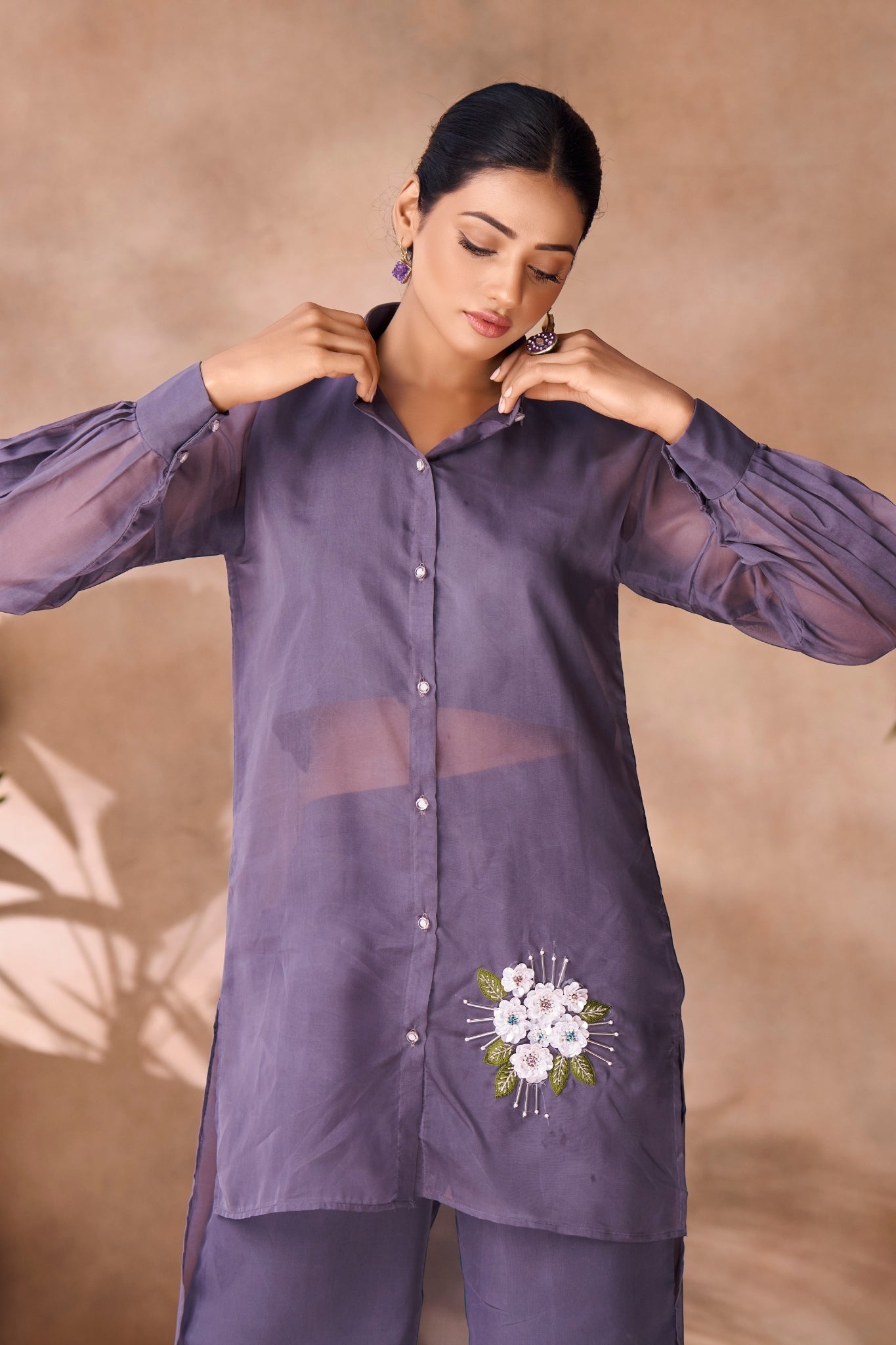 Ethereal Grey Floral Organza Ensemble Co Ord Set