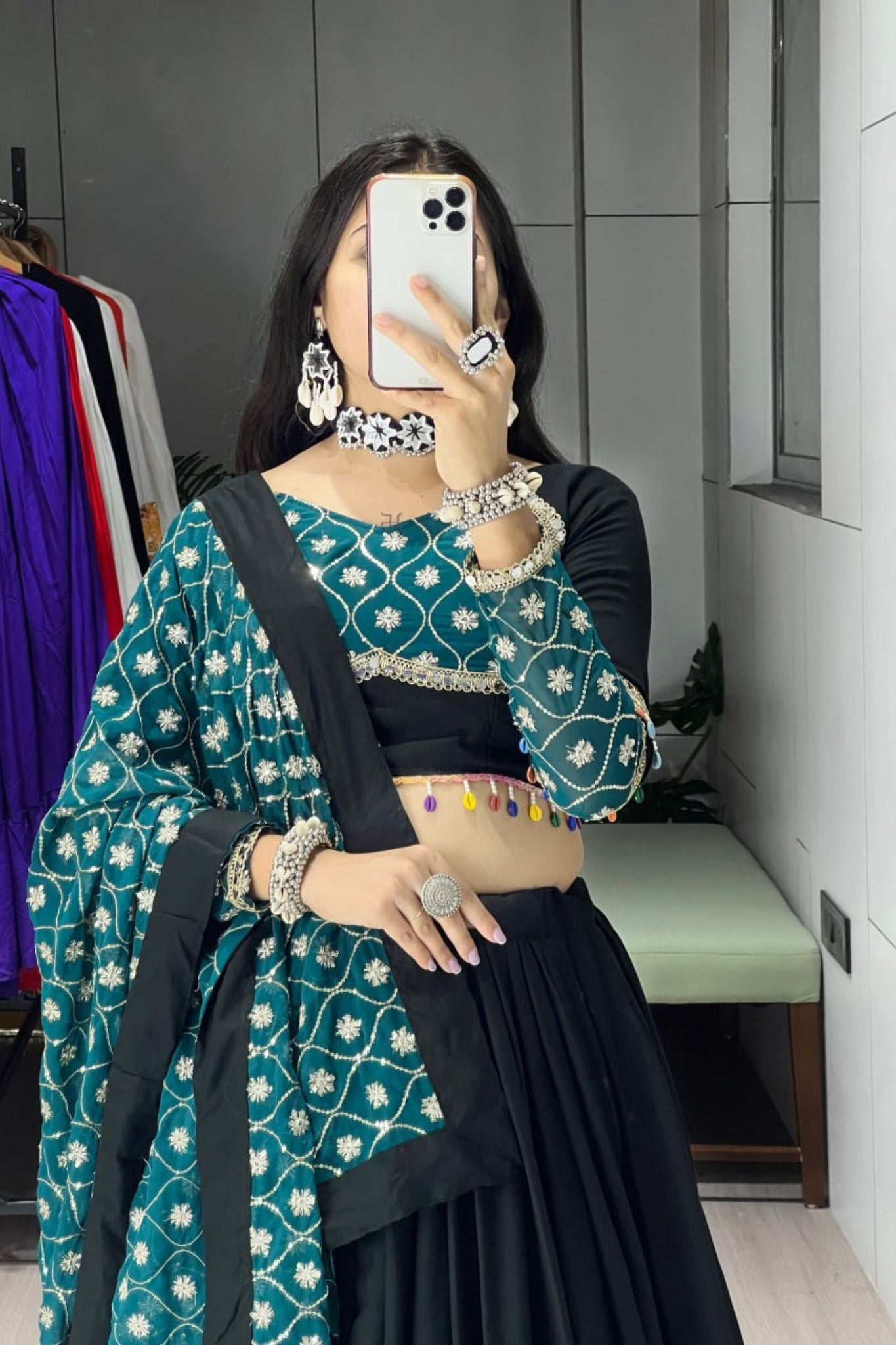 Raasrang Designer Black And Teal Embroidered Navratri Lehenga Choli