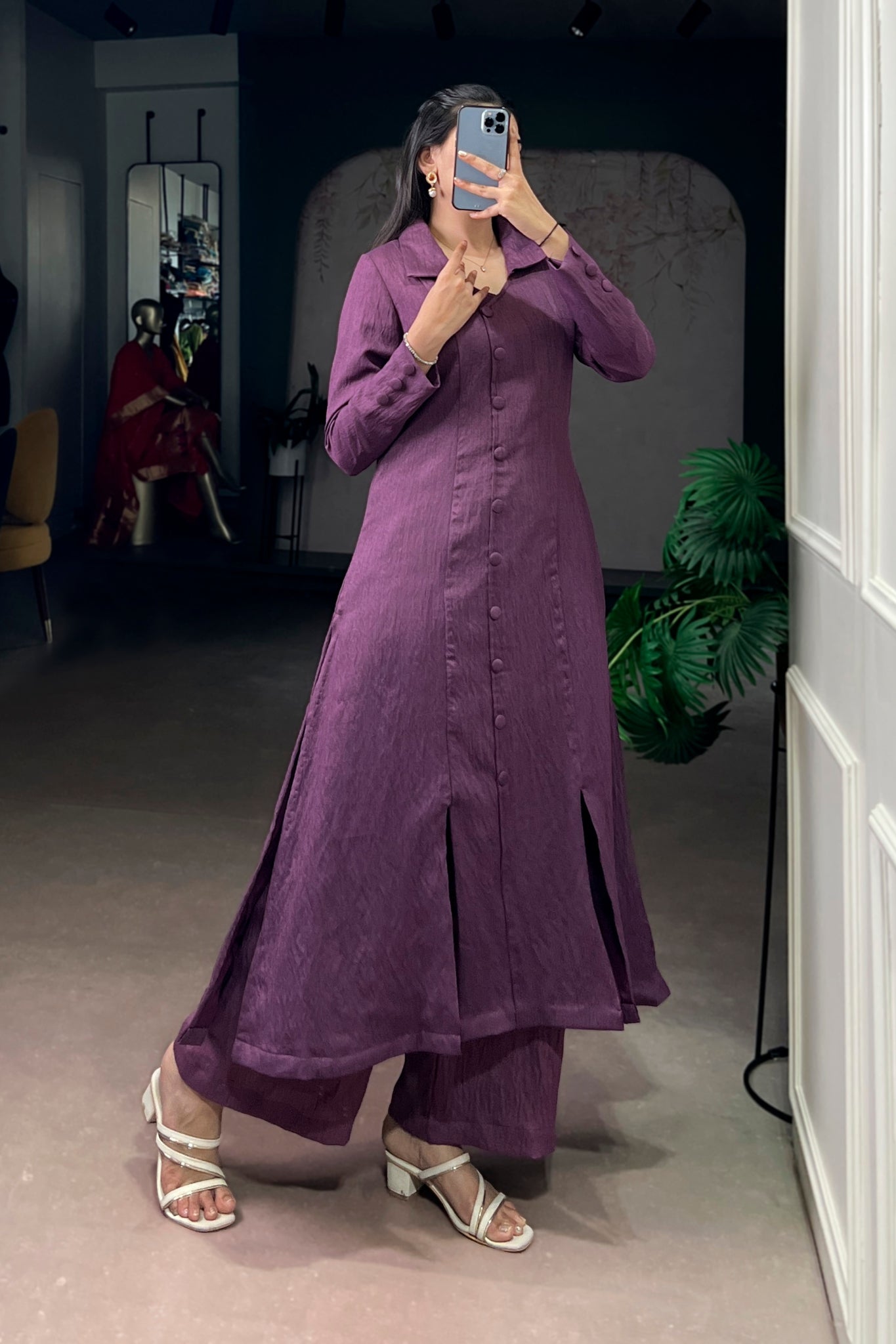 Purple Soft Textured Fabric Kurta Co-Ord Set For Women