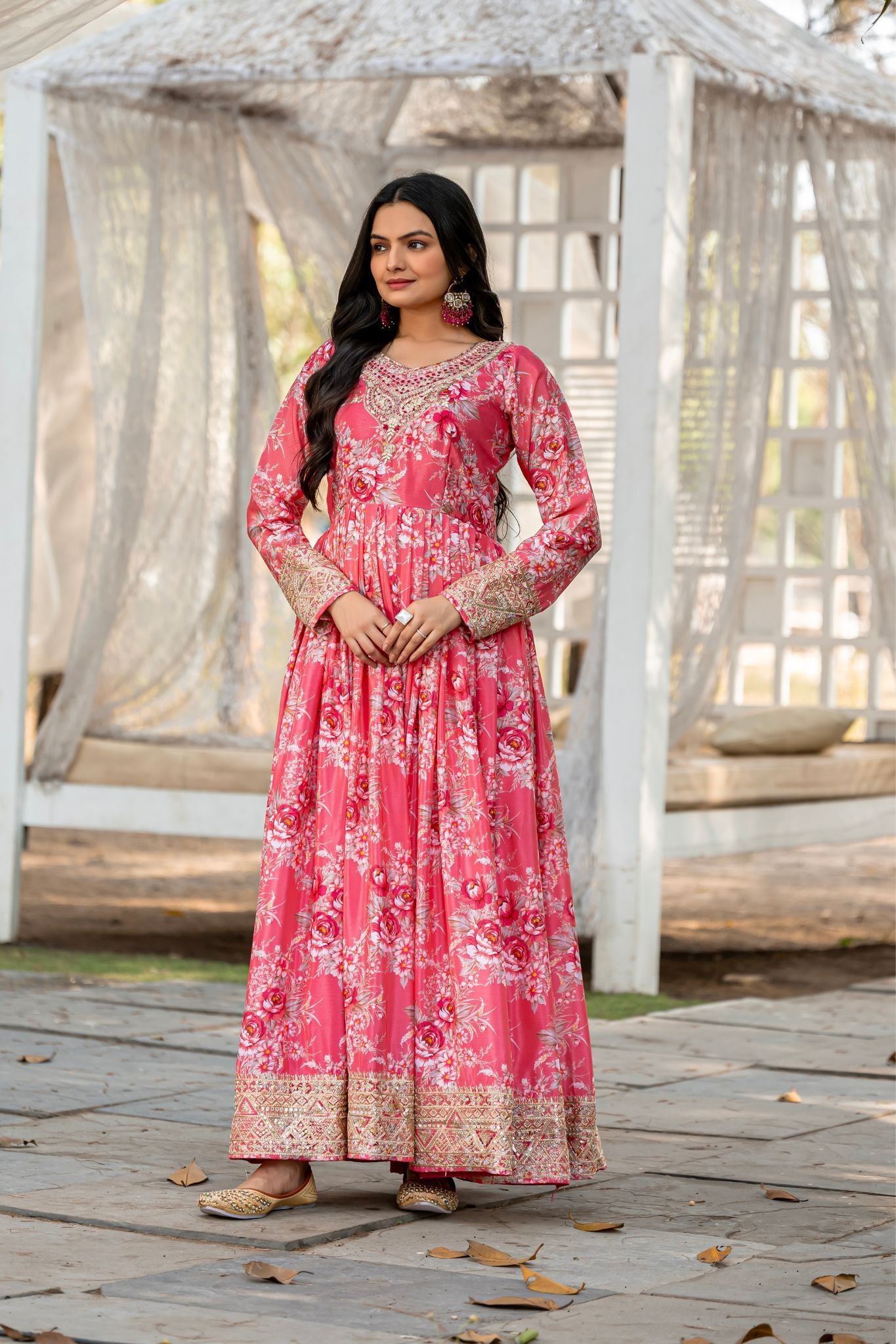 Stunning Pink Floral Embroidered With Printed Anarkali Dress