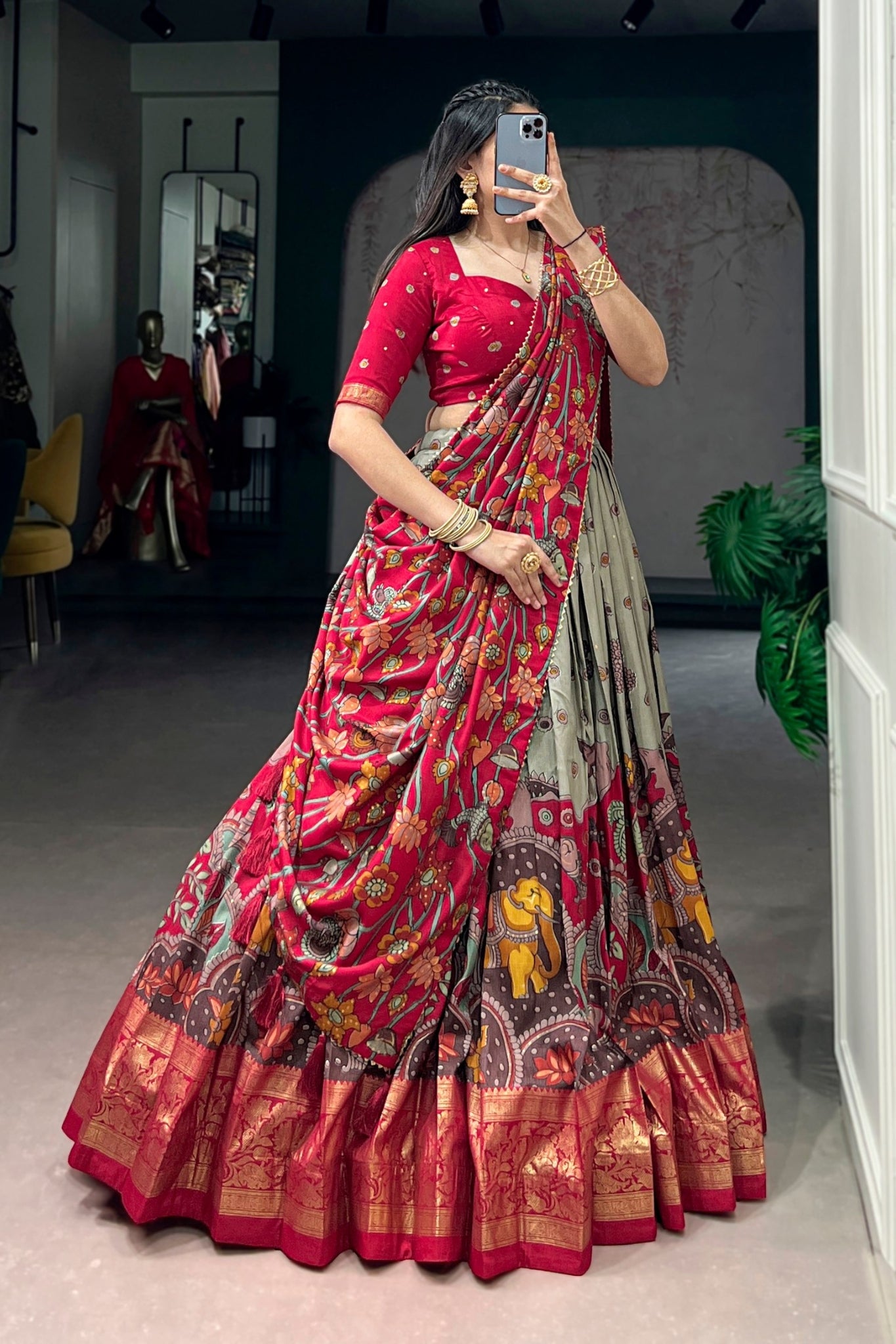 Kalamkari Print With Foil Work Lehenga Choli