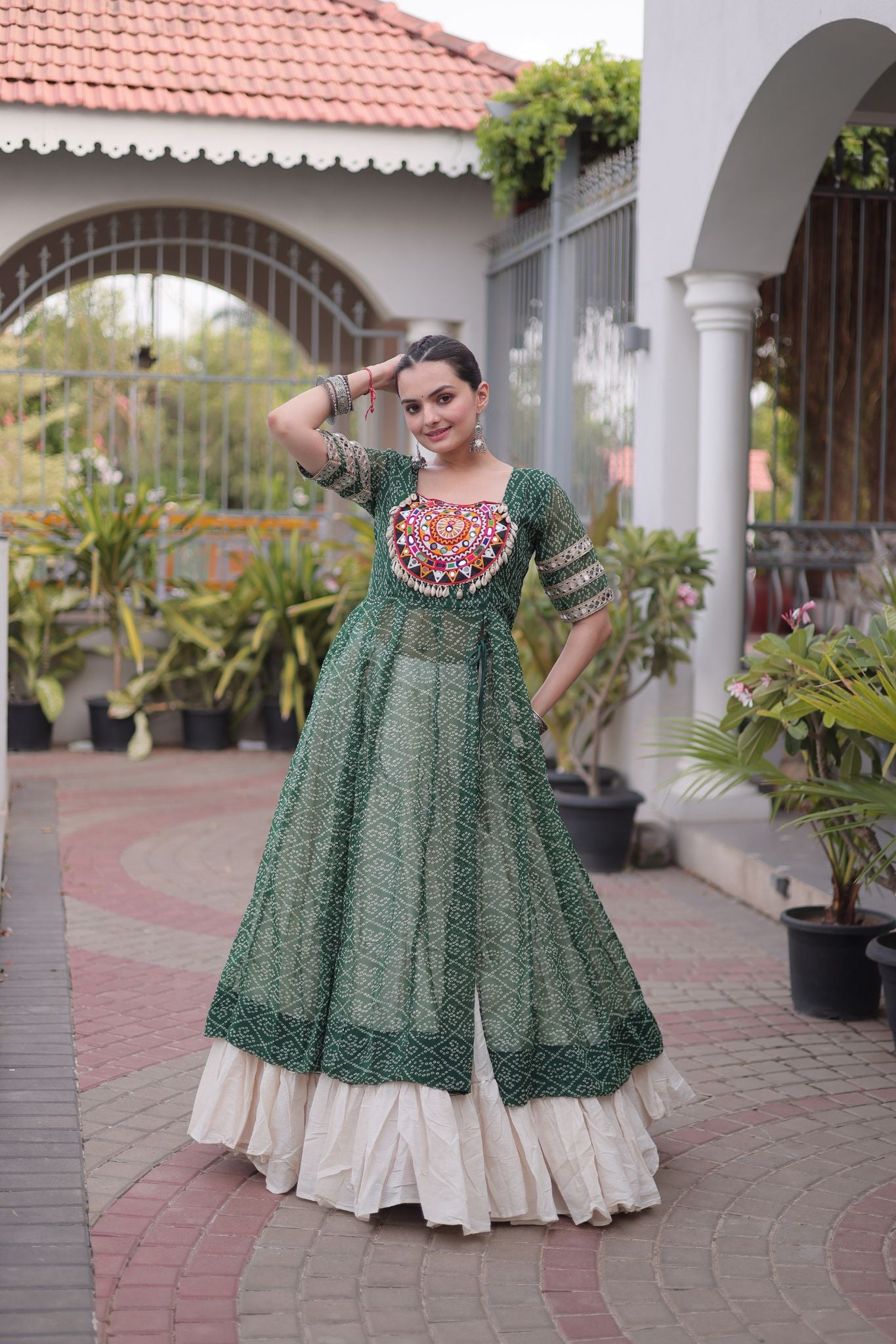 Raasrang Navratri Designer Kora Cotton Lehenga With Kutchi Patchwork Bandhani Print Kurti For Garba & Dandiya