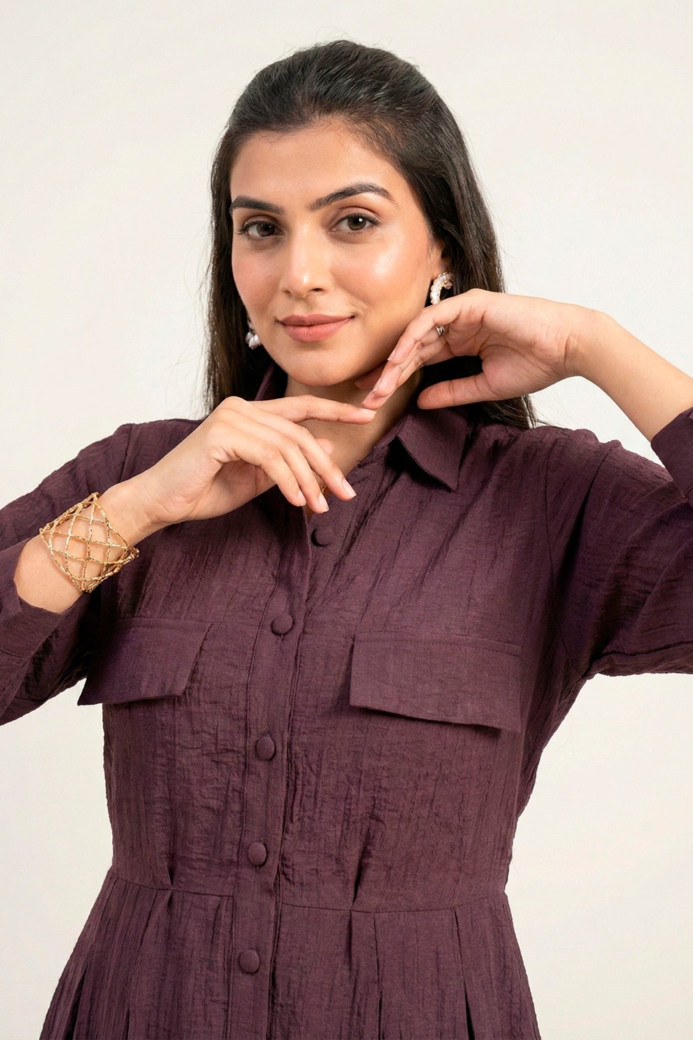 Premium Crackle Fabric Button Down Midi Frock For Women