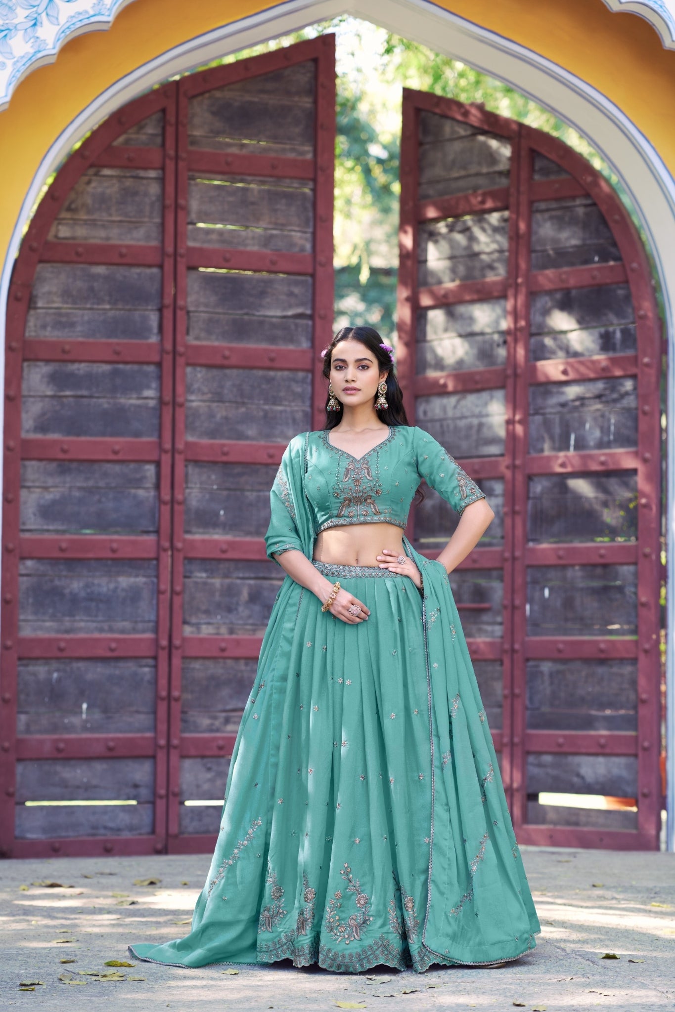 Premium Sky Blue Star Georgette Lehenga Choli Set For Women