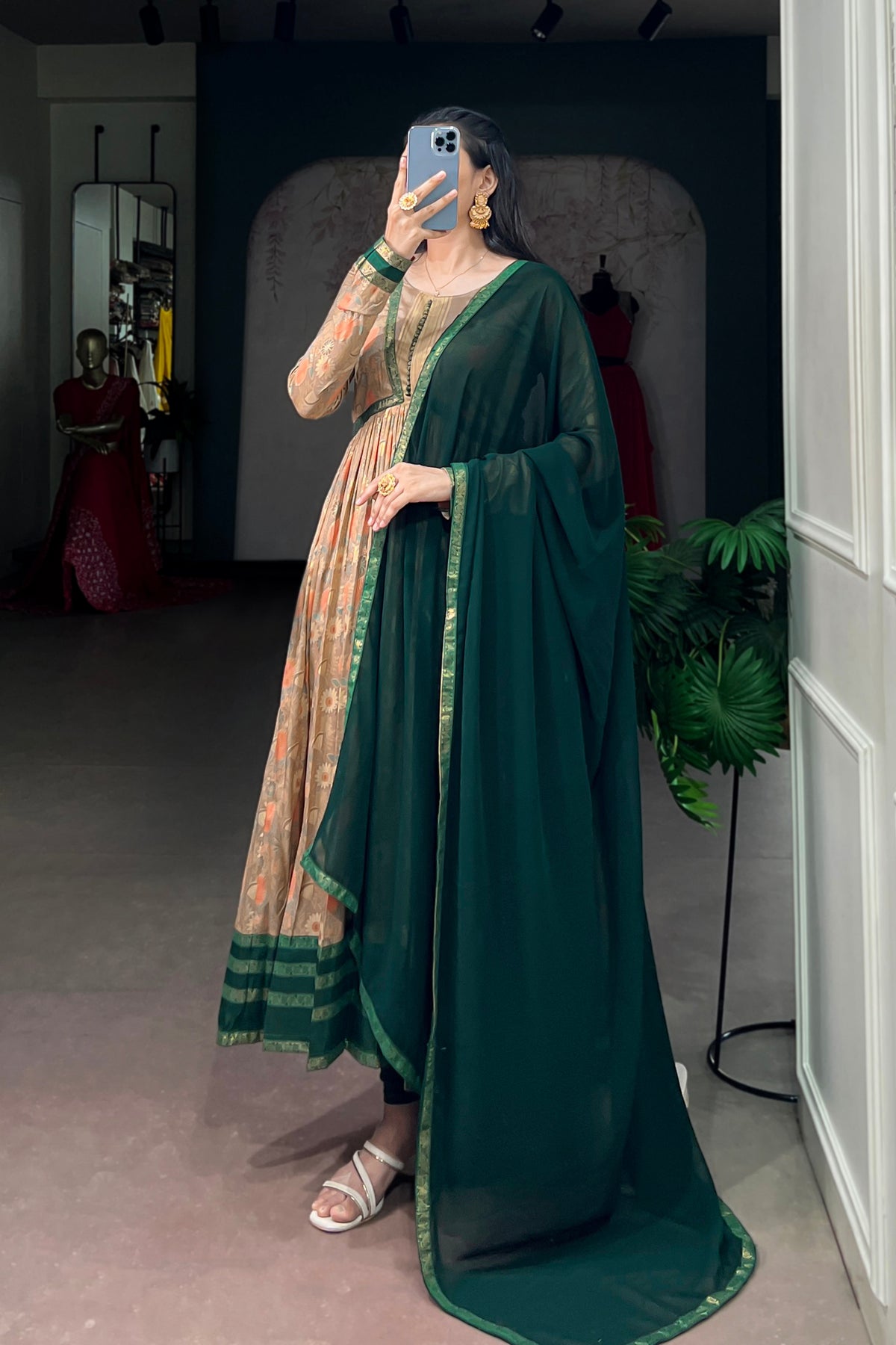 Tasar Silk Floral Print Anarkali Dress with Foil Work & Georgette Lace Border Dupatta
