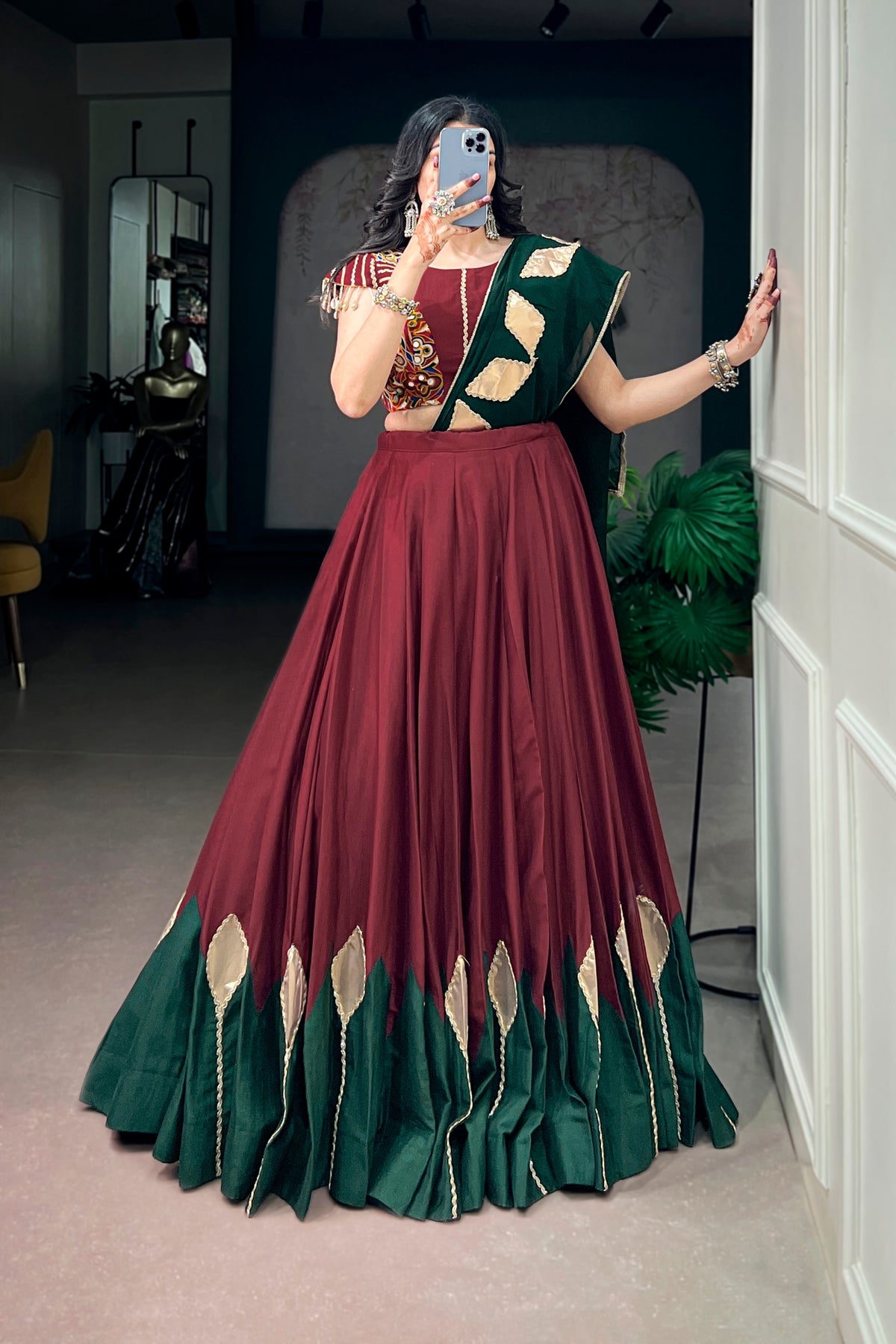 Navratri Special Designer Maroon-Green Traditional Lehenga Choli
