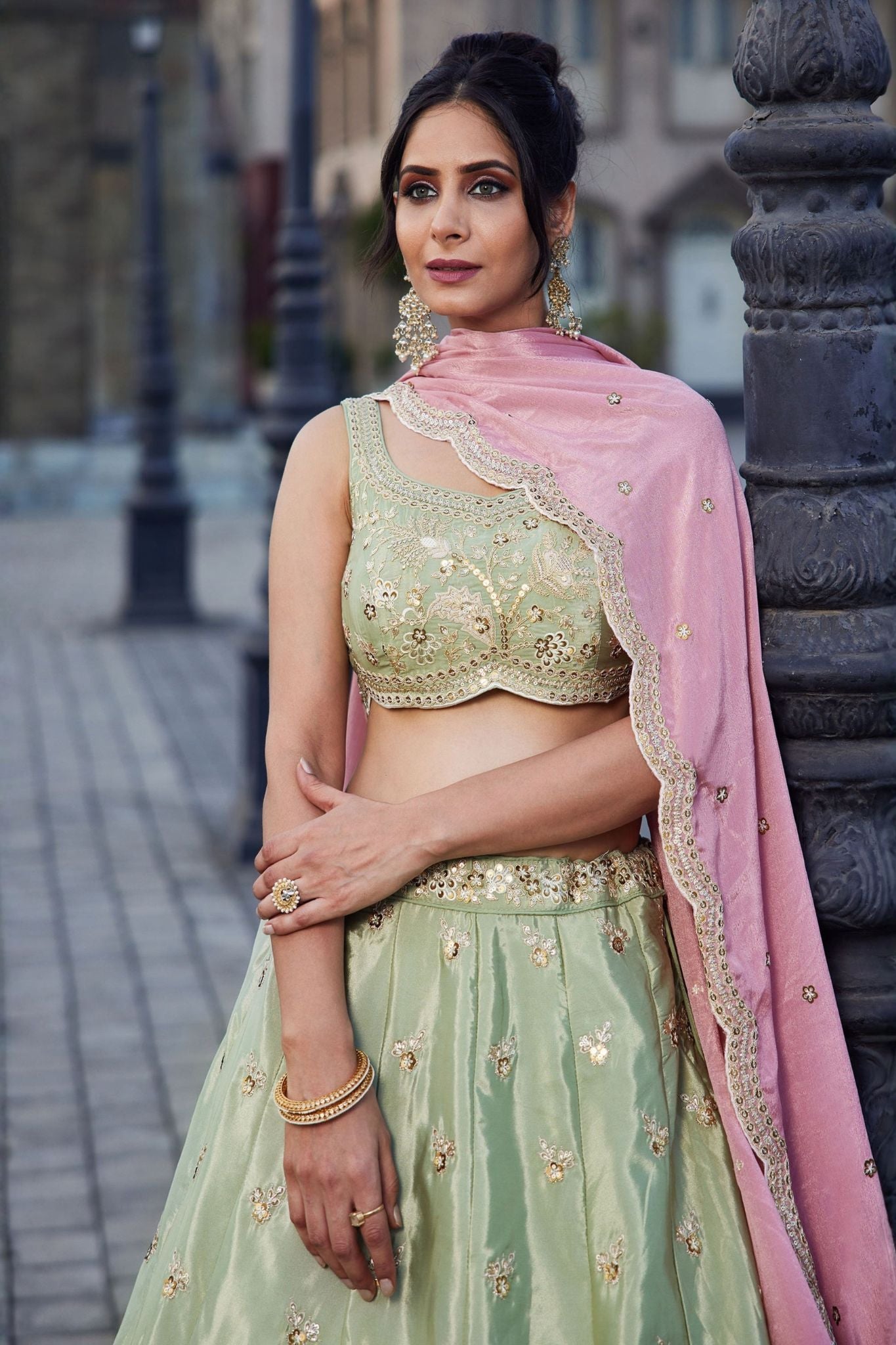 Pista Green Designer Art Silk Lehenga Choli With Zari Sequins & Dori Embroidery Work