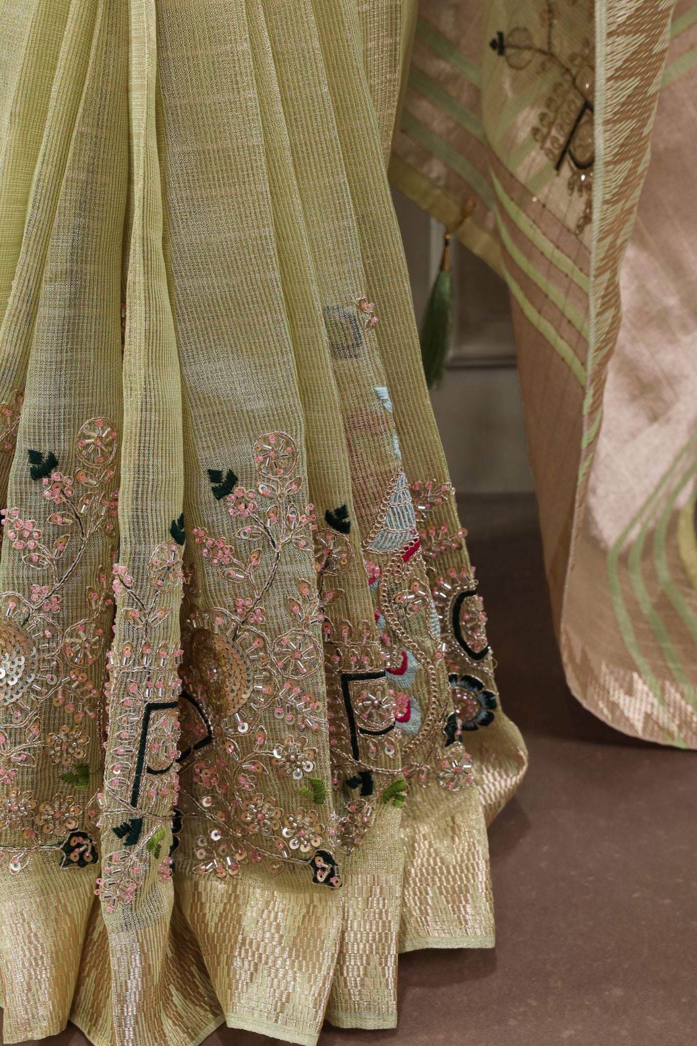 Premium Zari Kota Tissue Saree | Embroidery Beads Work Zari Weaving Border