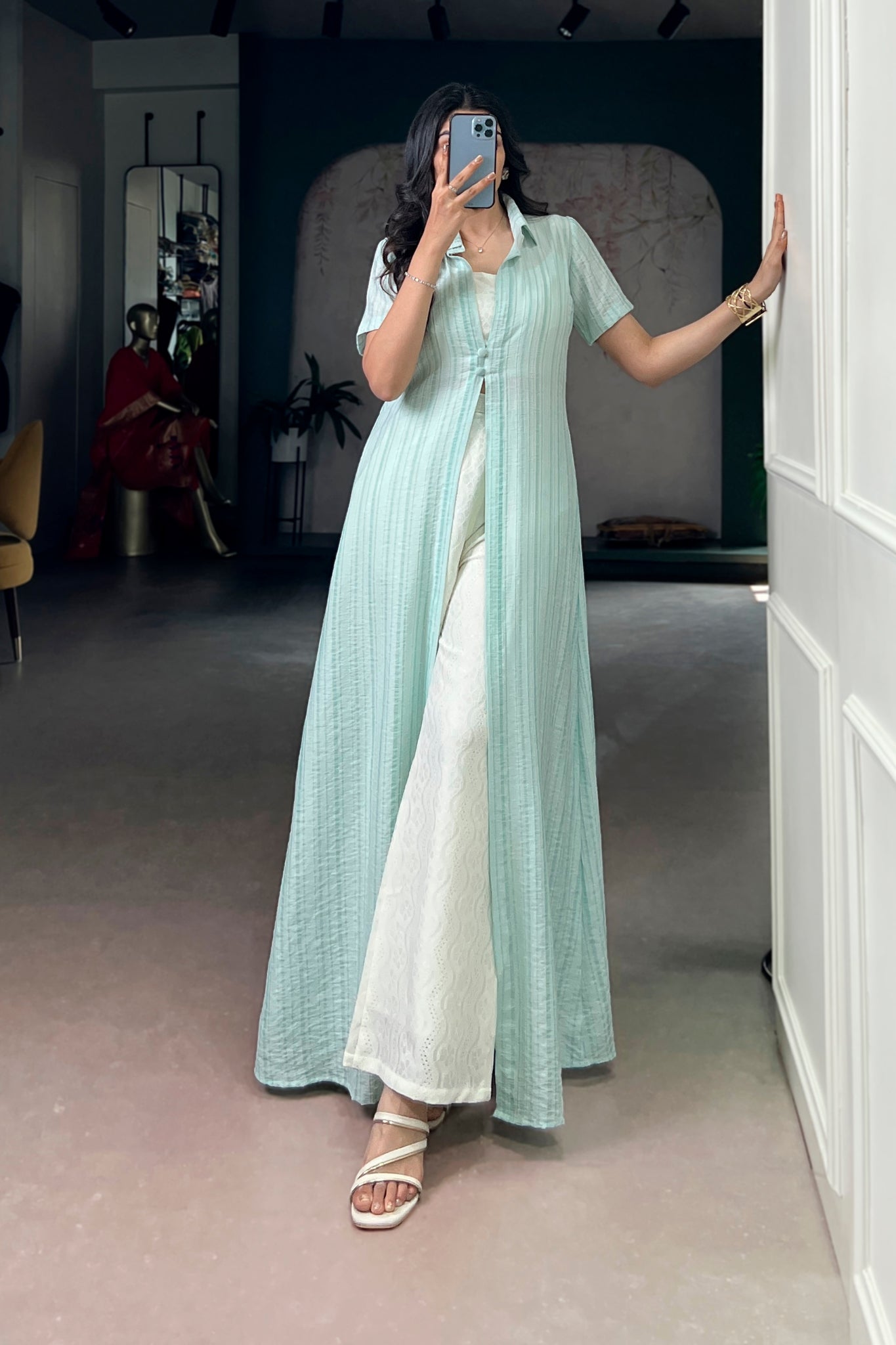 Mint Green Long Overlay Shrug Set