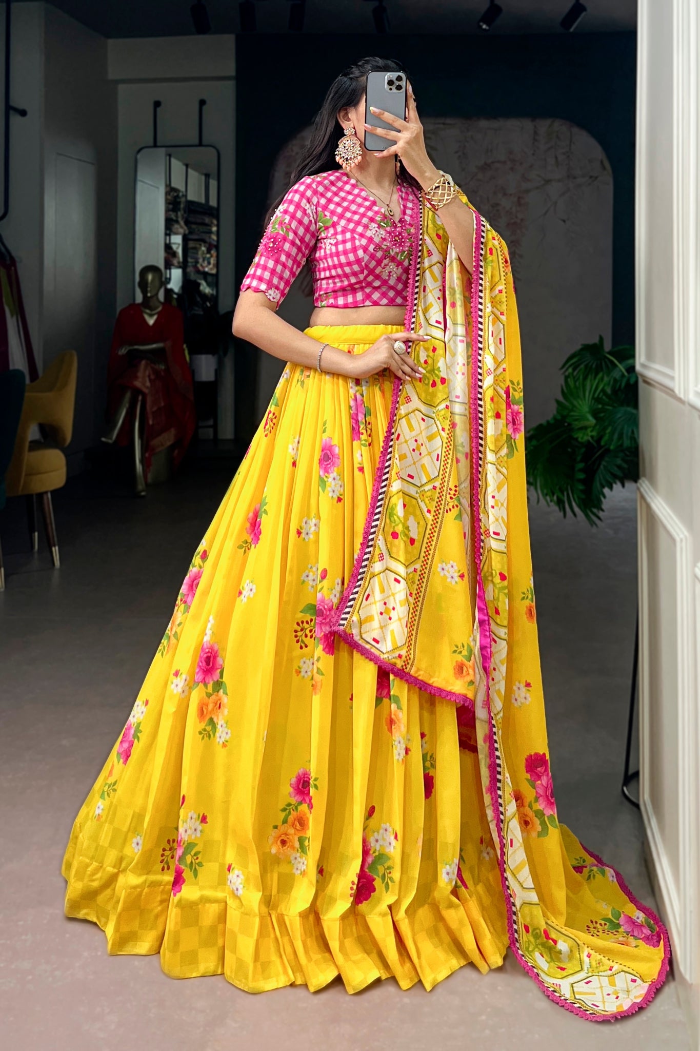Designer Yellow Floral Georgette Lehenga Choli With Handwork Blouse & Printed Dupatta For Women