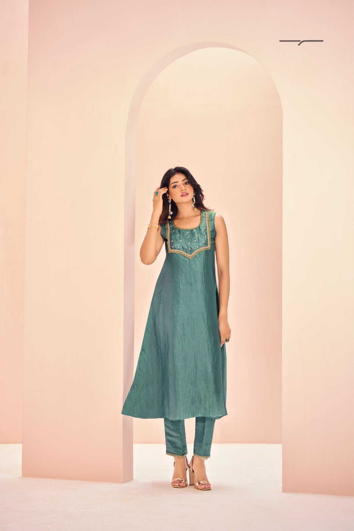Serene Aqua Pure Organza Hand Embroidered Kurta And Pant Set
