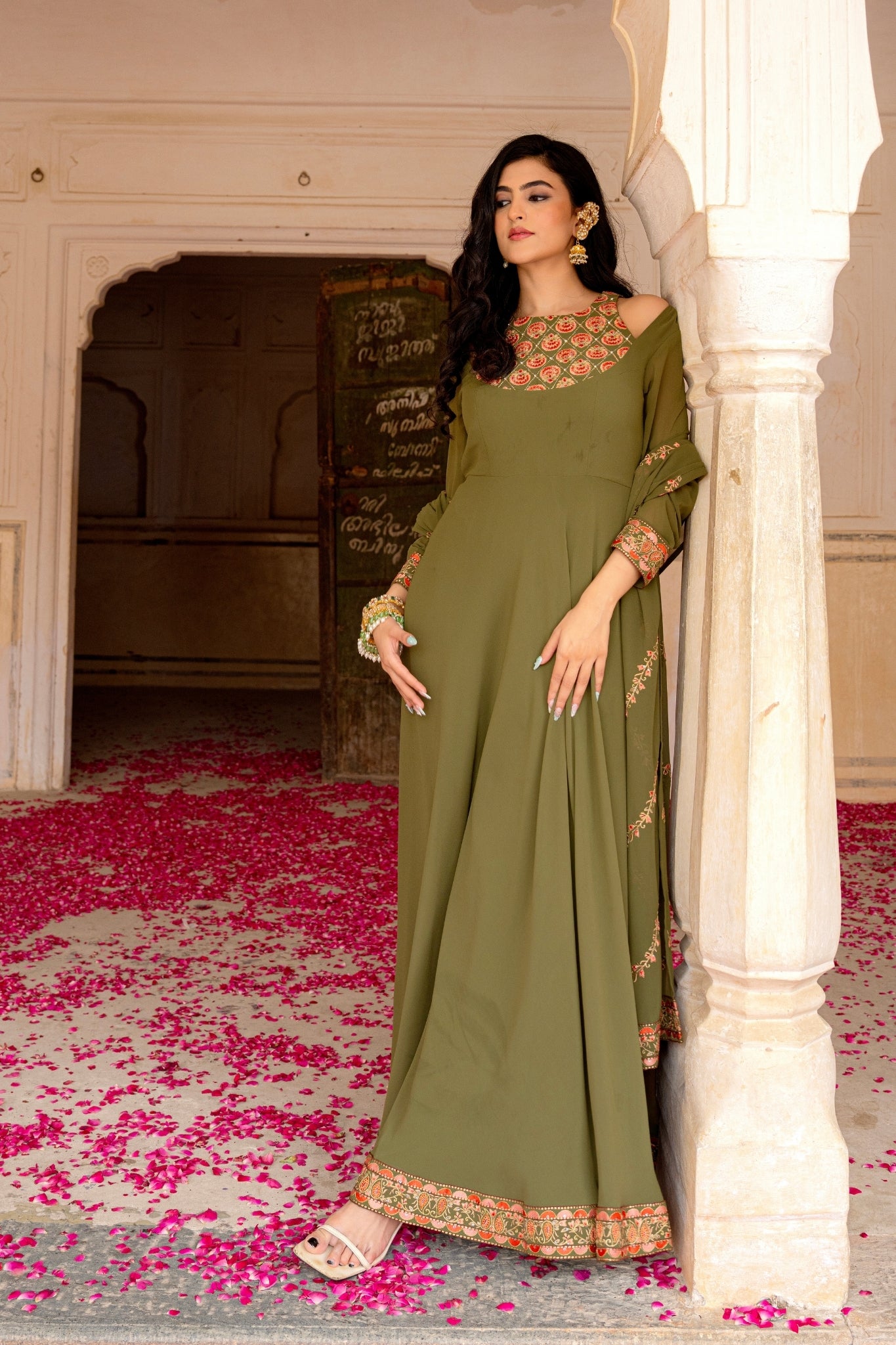 Olive Royale Embroidered Georgette Anarkali Set