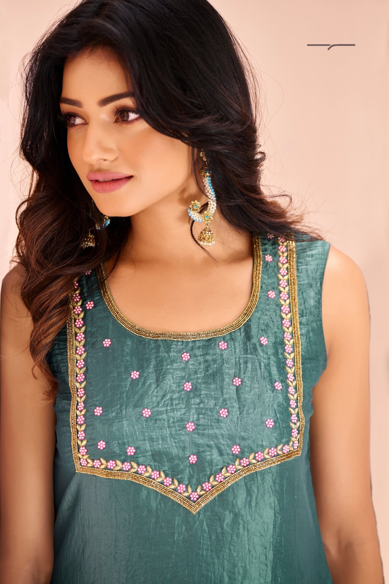 Serene Aqua Pure Organza Hand Embroidered Kurta And Pant Set
